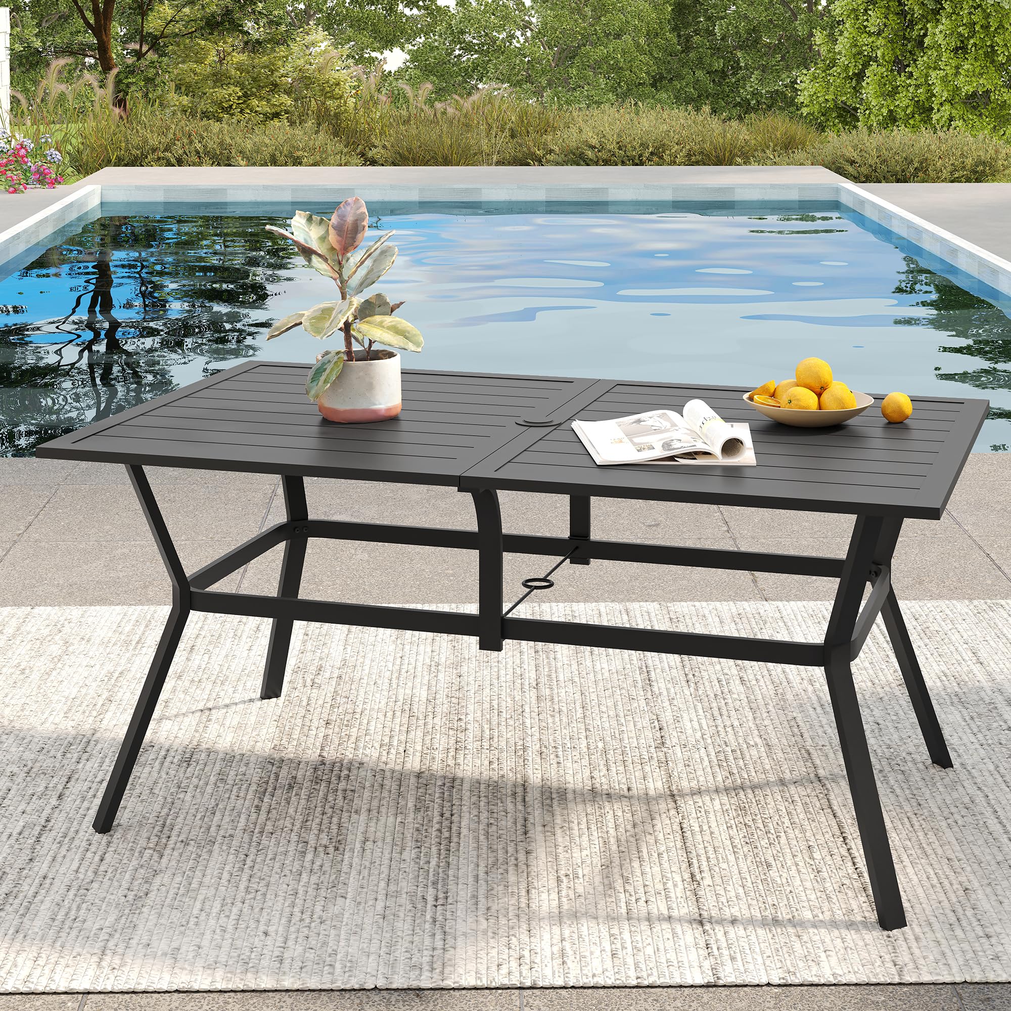 VICLLAX 6-Person Outdoor Dining Table - Rectangle Metal Steel Slat Patio Table with Umbrella Hole for Garden, Backyard, Deck, Poolside - Weather-Resistant Black Furniture for Summer BBQ & Family Gatherings