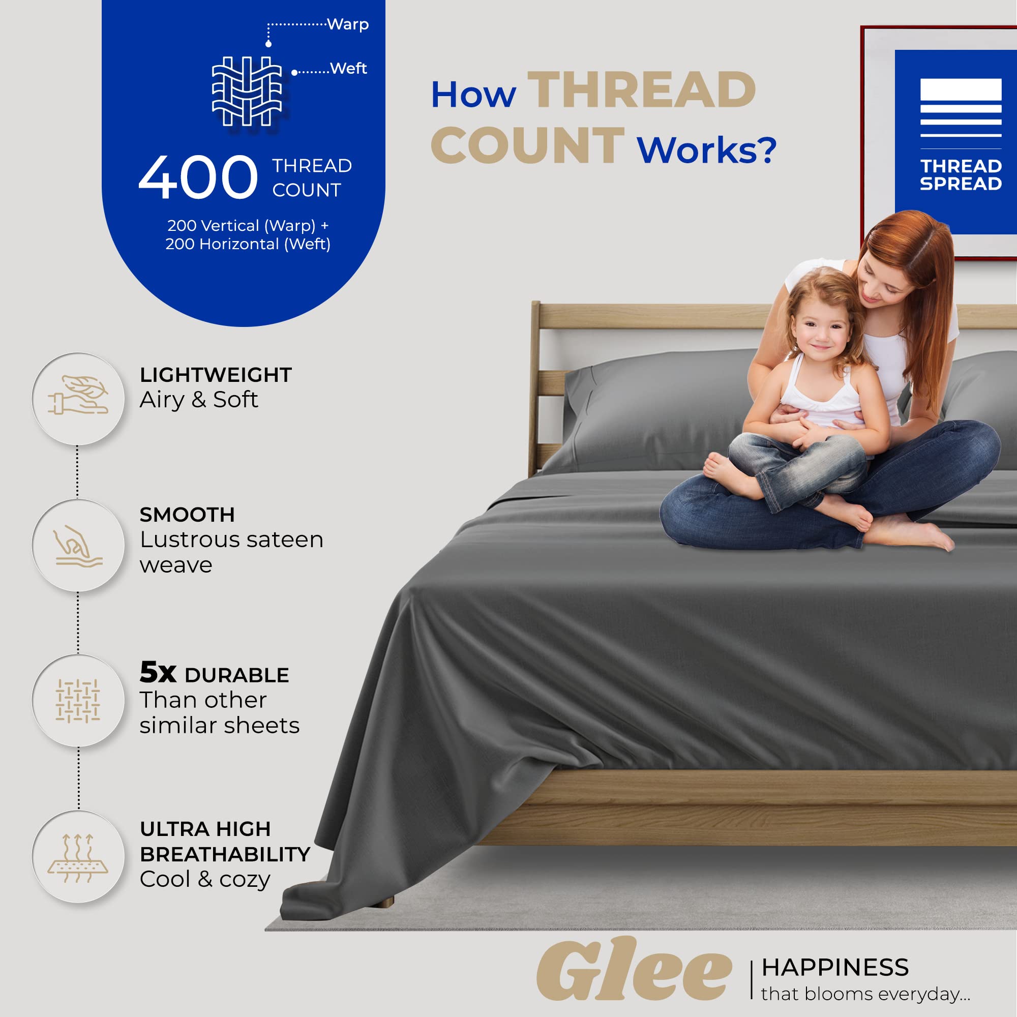 100% Cotton King Size Sheets Set - 400 Thread Count 4-Piece Bedding for King Bed | Deep Pocket Cooling Sheets for Hot Sleepers | Soft Breathable Luxury Bed Sheets (Dark Grey) | Perfect for Summer Nights & Temperature Regulation