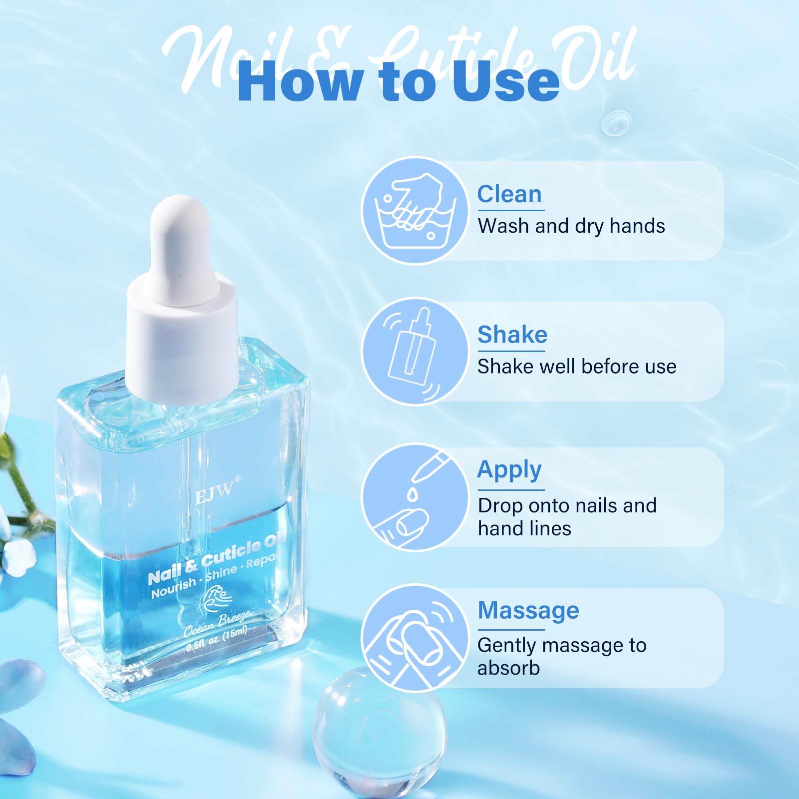 EJW Dual Layer Cuticle Oil for Nails - Nourishing & Repairing Treatment for Dry, Damaged Cuticles | Strengthens Nails & Reduces Hangnails | Fast-Absorbing Natural Formula with Ocean Breeze Scent | 0.5 fl oz | Perfect for Manicures, At-Home Nail Care & Hand Spa Treatments