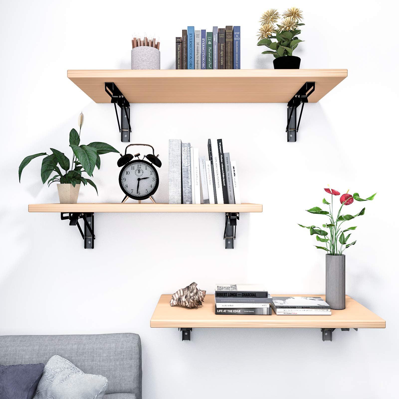 Heavy Duty 11.81 Inch Stainless Steel Floating Shelf Brackets (2 Pack) - Wall Mounted Space Saving Folding Shelves for Small Spaces - Perfect for DIY Home Office, Kitchen, Bathroom & Workspace Organization