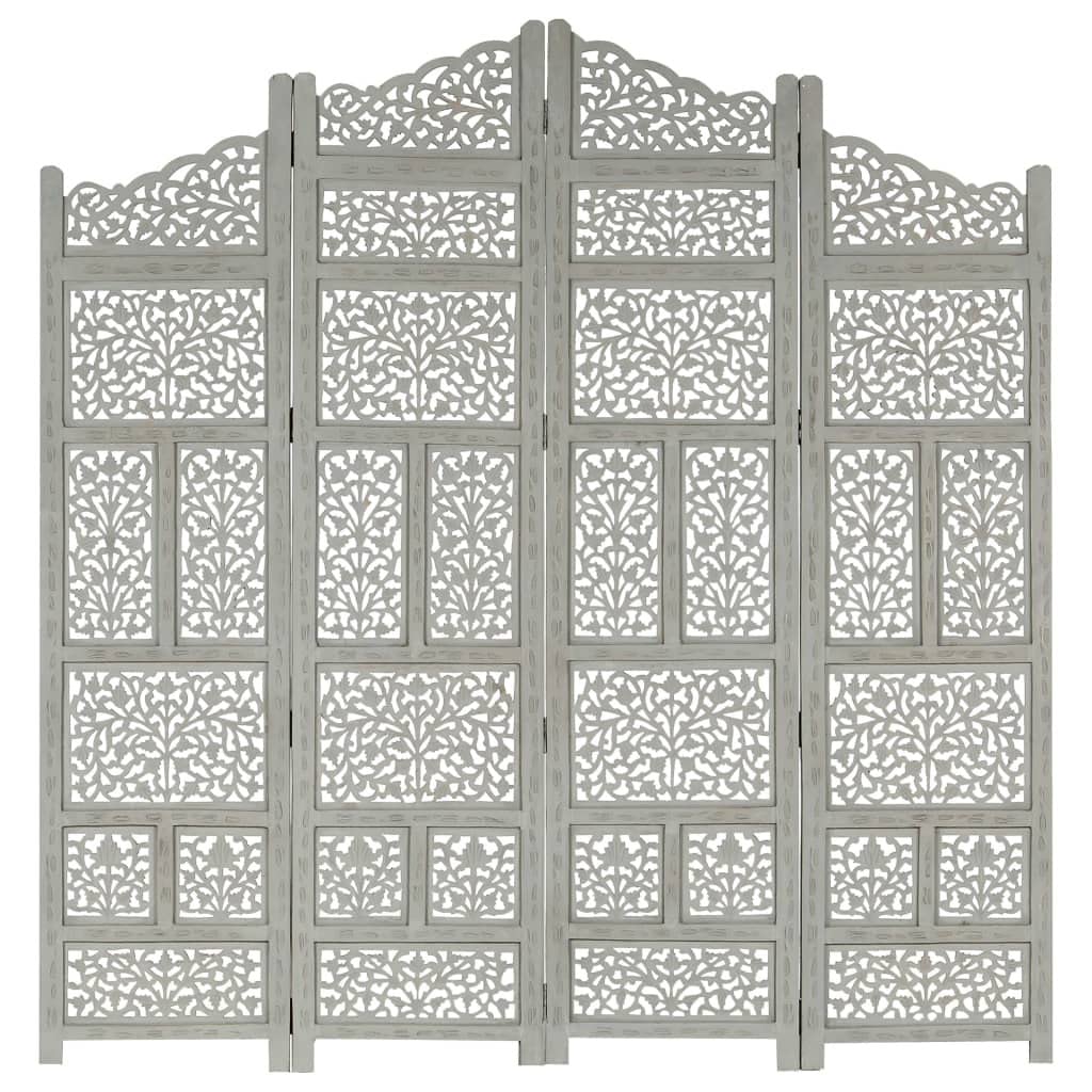 Hand Carved 4-Panel Mango Wood Room Divider - Solid Wood Privacy Screen Panel for Bedroom, Office & Dressing Area - Gray Paravent Partition for Home Decor