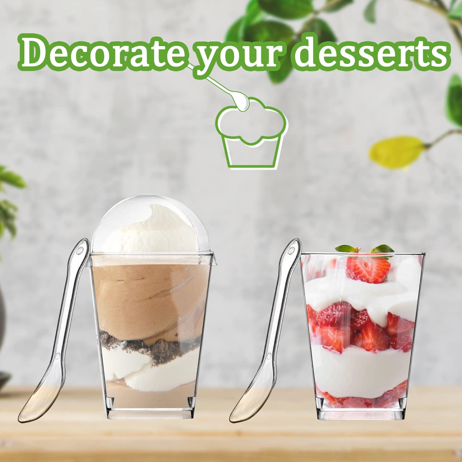 100 Pack 5 oz Clear Plastic Dessert Cups with Lids & Spoons - Tall Appetizer Parfait Cups for Baby Shower, Wedding, Birthday Party - Perfect for Ice Cream, Pudding, Jello & Party Snacks