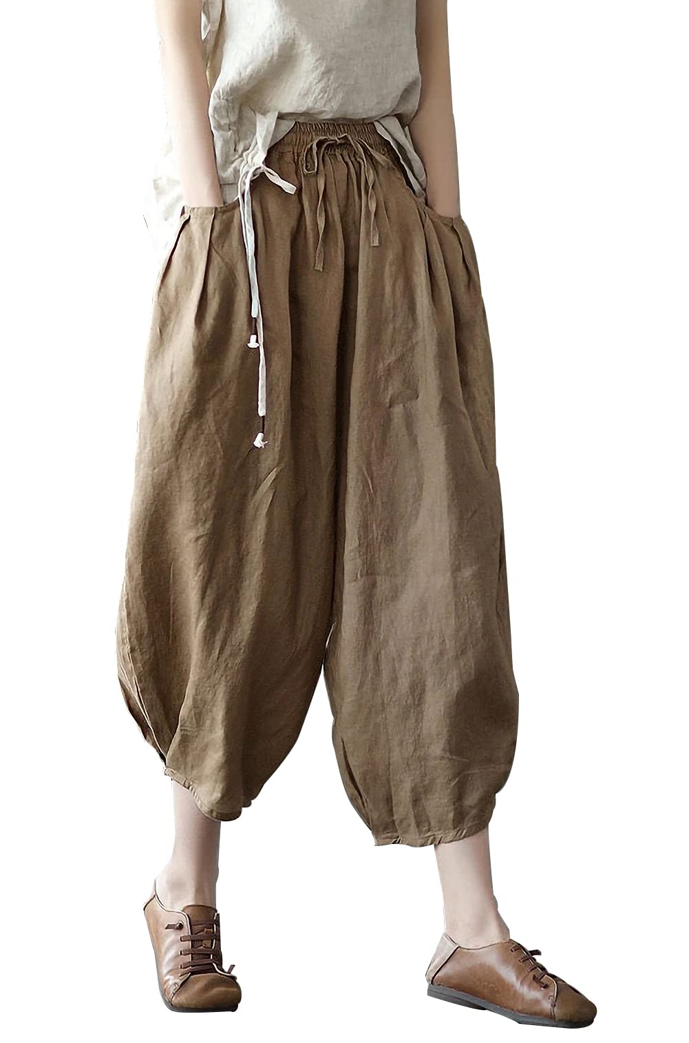 Mywinway Women's Cotton Linen Pants - Baggy Wide Leg Palazzo Pants with Drawstring Elastic Waist | Casual Summer Beach Wear & Boho Style Outfit