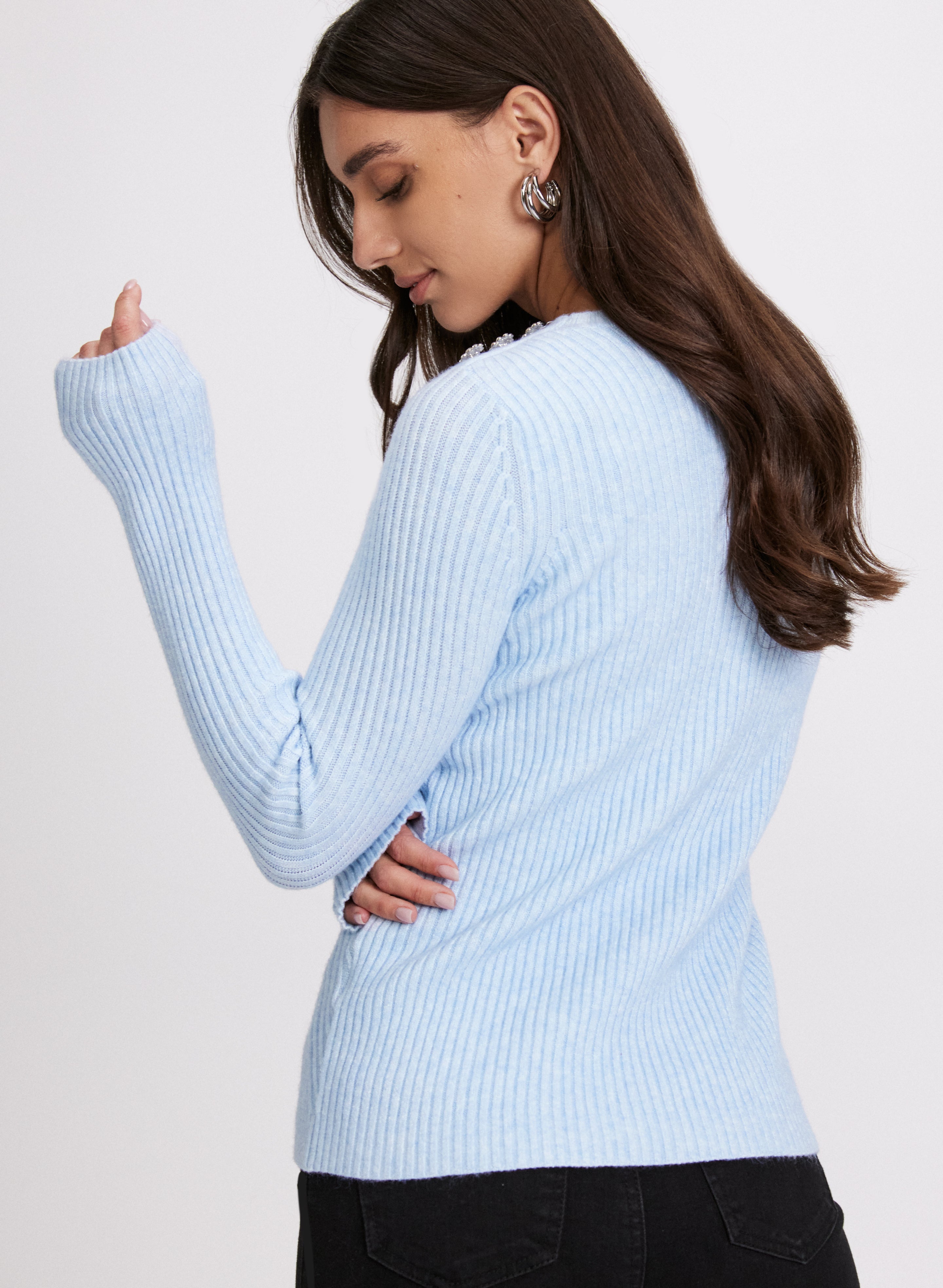 Elegant Crystal Button Embellished Sweater for Women - Stylish Knit Pullover with Rhinestone Details - Perfect for Parties, Dates & Holiday Gatherings
