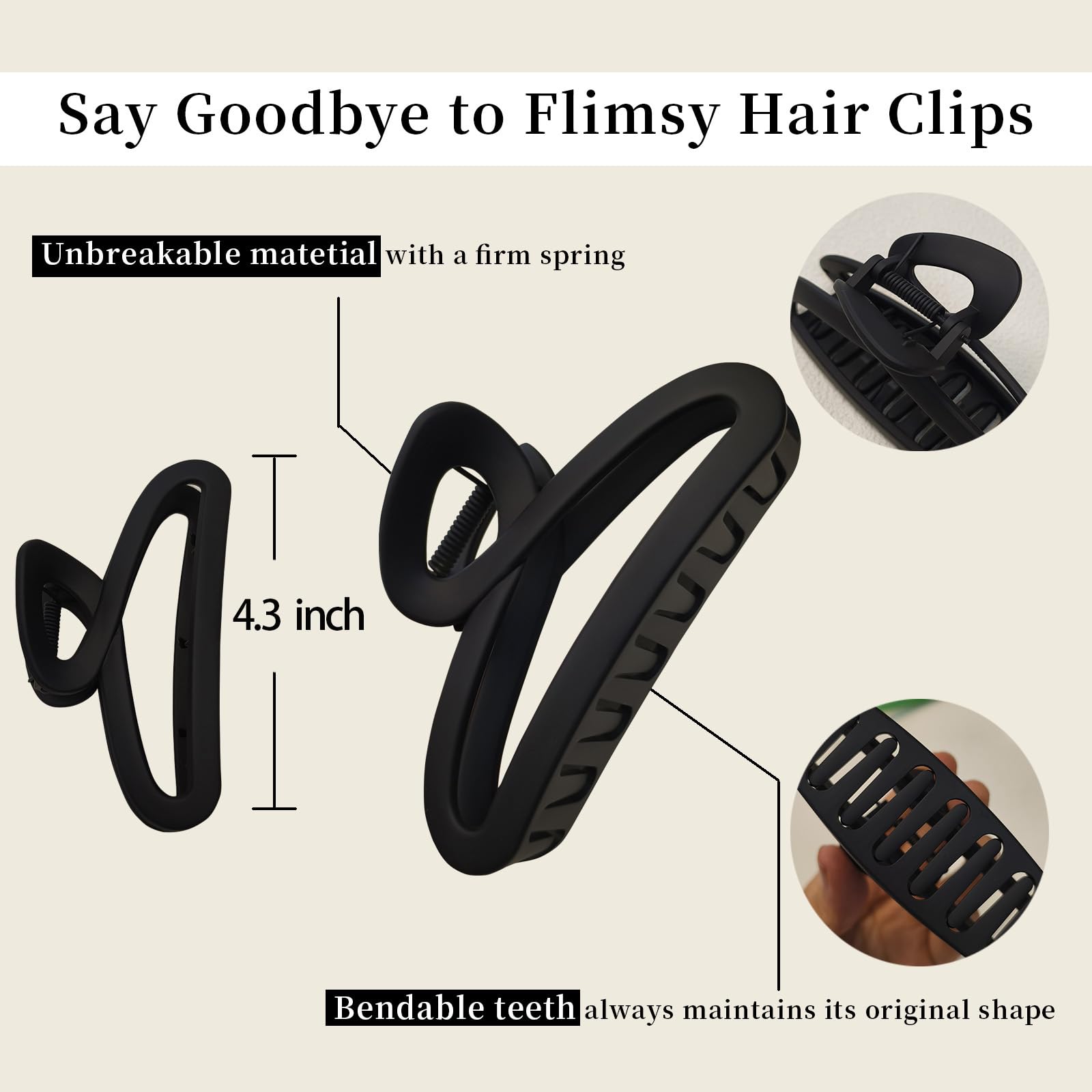 4.3 Inch Non-Slip Unbreakable Hair Claw Clips for Women - Matte Finish Hair Clips for Thin to Medium Thick & Curly Hair - 2 Pack - Perfect for Workouts, Travel & Everyday Hairstyles