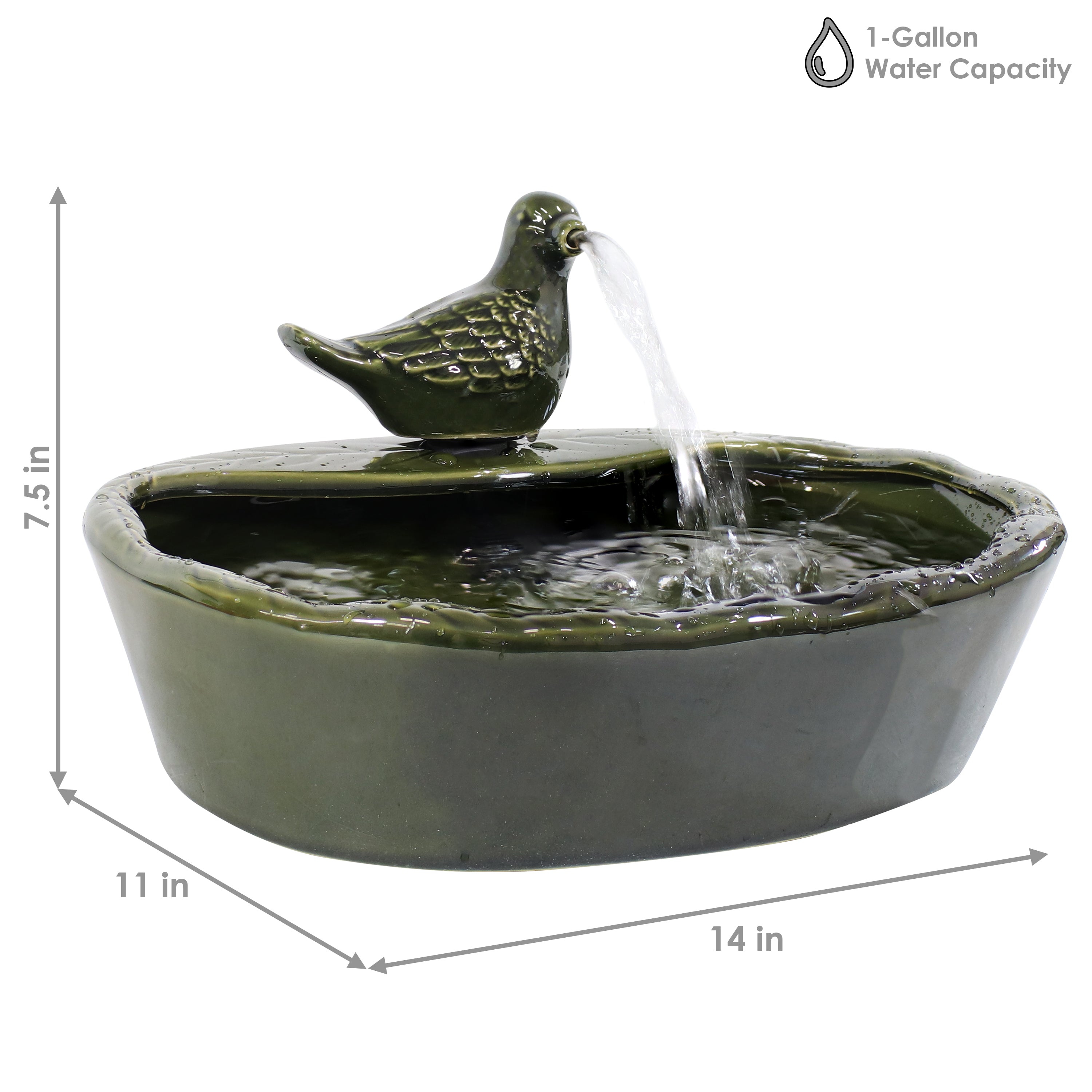 Sunnydaze Green Glazed Ceramic Dove Solar Water Fountain for Garden, Patio & Yard Decor - Outdoor Solar Powered Birdbath Fountain with LED Lights