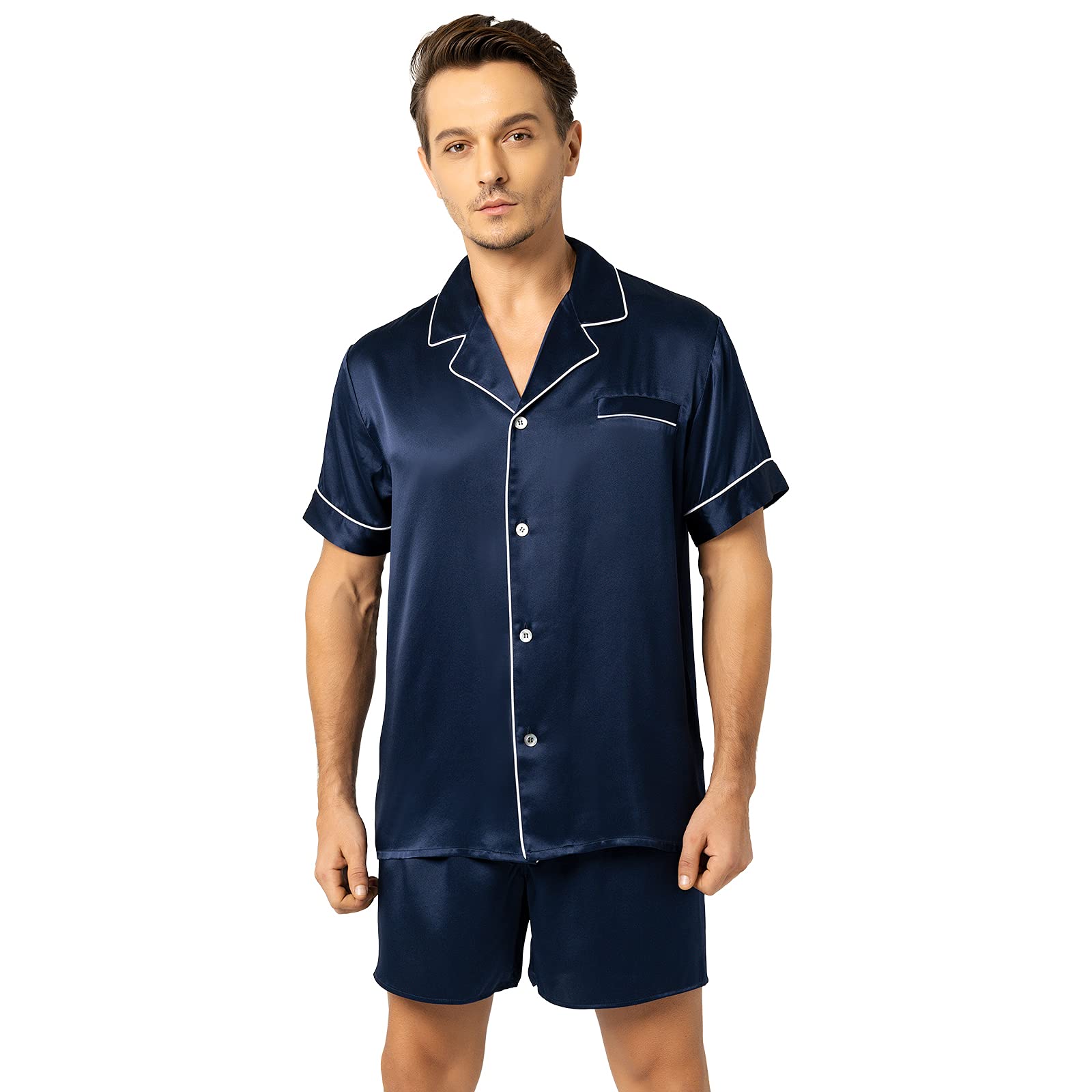 Premium 22 Momme Silk Pajama Set for Men - Classic Notched Collar Short Sleeve Shirt & Matching Shorts | Luxury Sleepwear for Summer Nights, Spa Retreats & Relaxing at Home