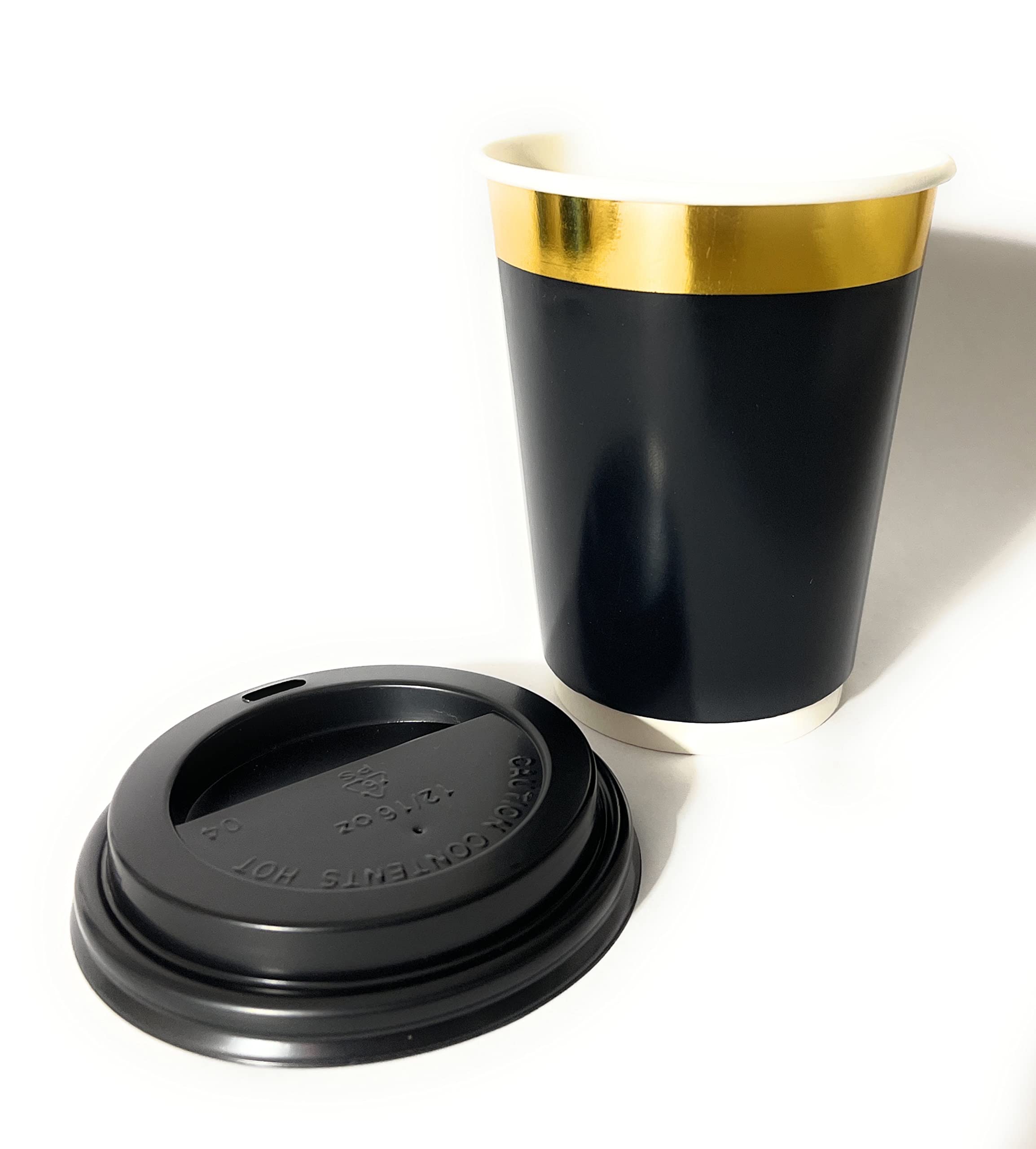 12oz Gold Rim Double Wall Insulated Coffee Cups - 200 Pack Disposable Paper Cups with Lids - Hot & Cold Beverage Containers - Leak Proof Travel Mugs for Coffee, Tea, Parties, Office & Catering - Elegant Black Design with Gold Accents
