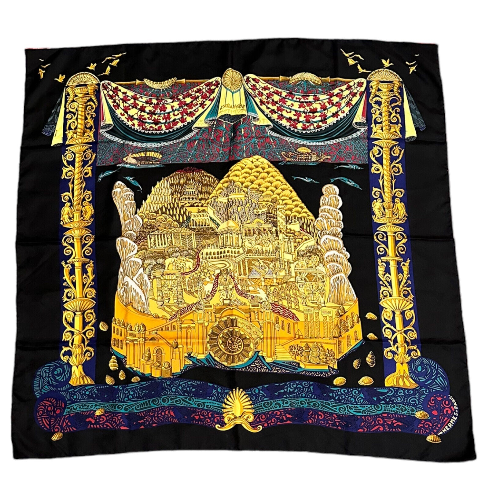Hermes Vintage L'Atlantide Atlantis 90cm Black Multicolor Silk Scarf - Luxury Fashion Accessory for Women, Perfect for Elegant Outfits & Special Occasions