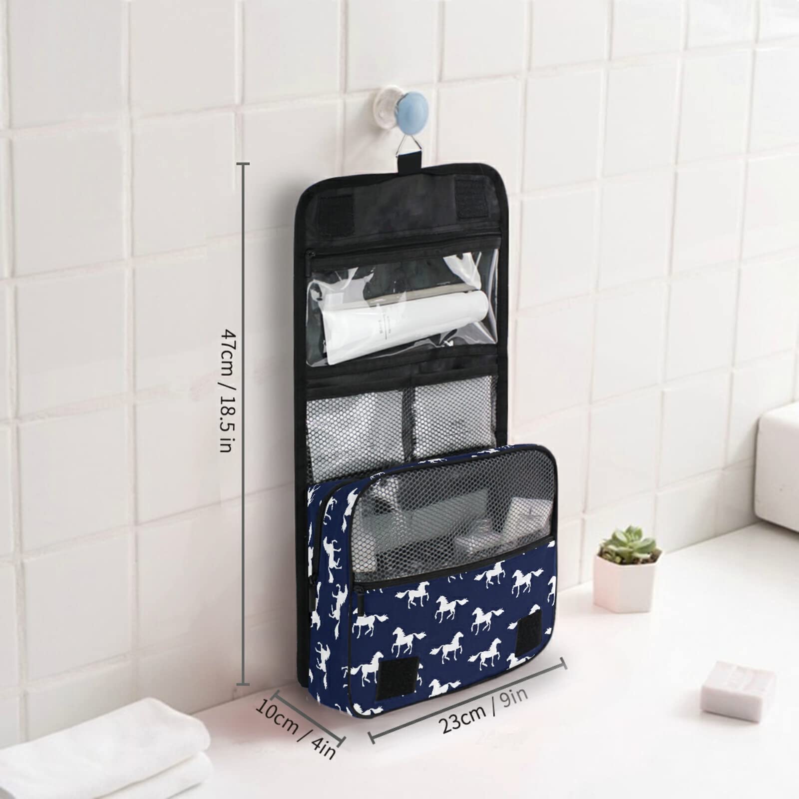 Personalized Navy Horse Travel Hanging Toiletry Bag - Large Waterproof Cosmetic & Makeup Organizer for Women - Perfect for Travel, Gym, Bathroom & Shower Essentials Storage