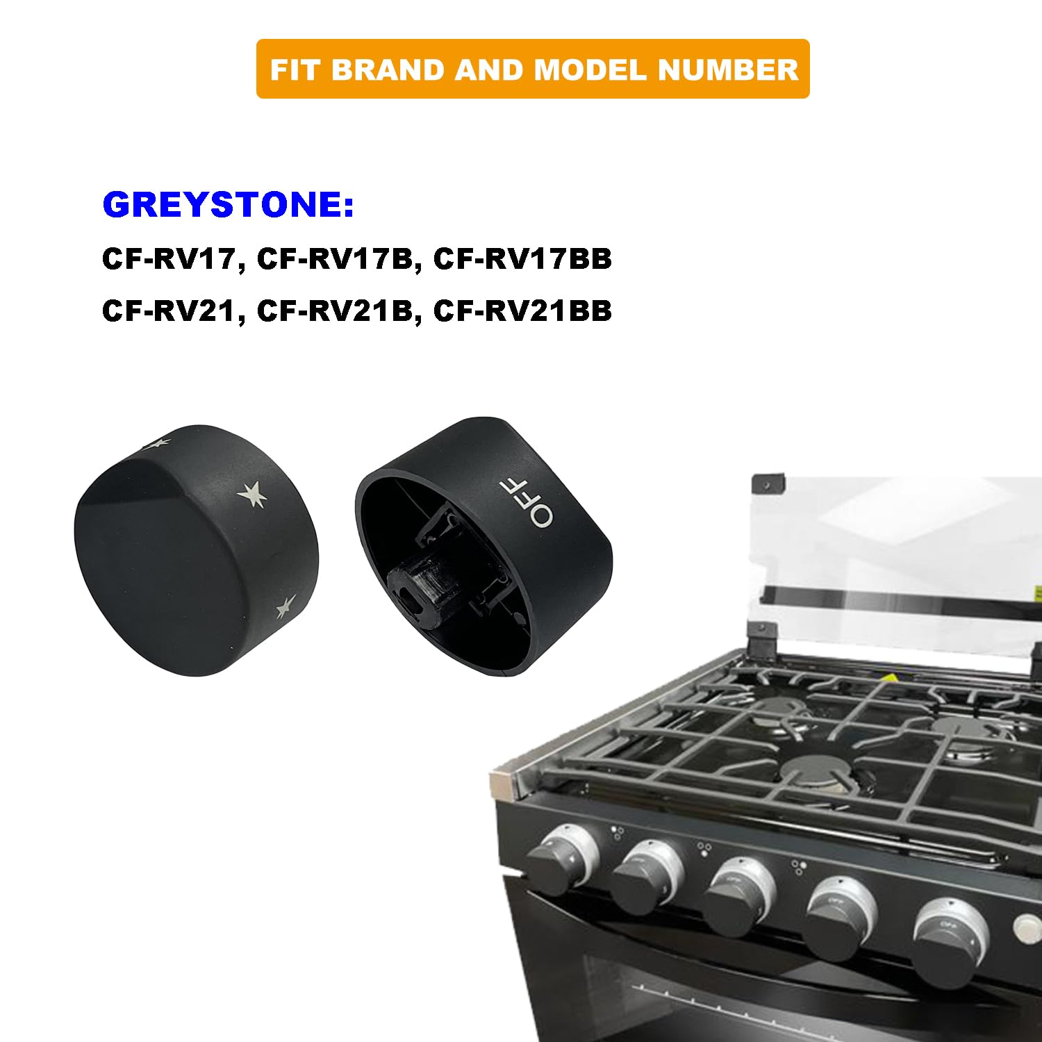 Upgraded RV Gas Range Oven Knob Replacement - Compatible with Greystone CF-RV17, CF-RV17B, CF-RV17BB, CF-RV21, CF-RV21B, CF-RV21BB Models (5-Piece Set) - Perfect for RV Kitchen Stove Repair & Maintenance