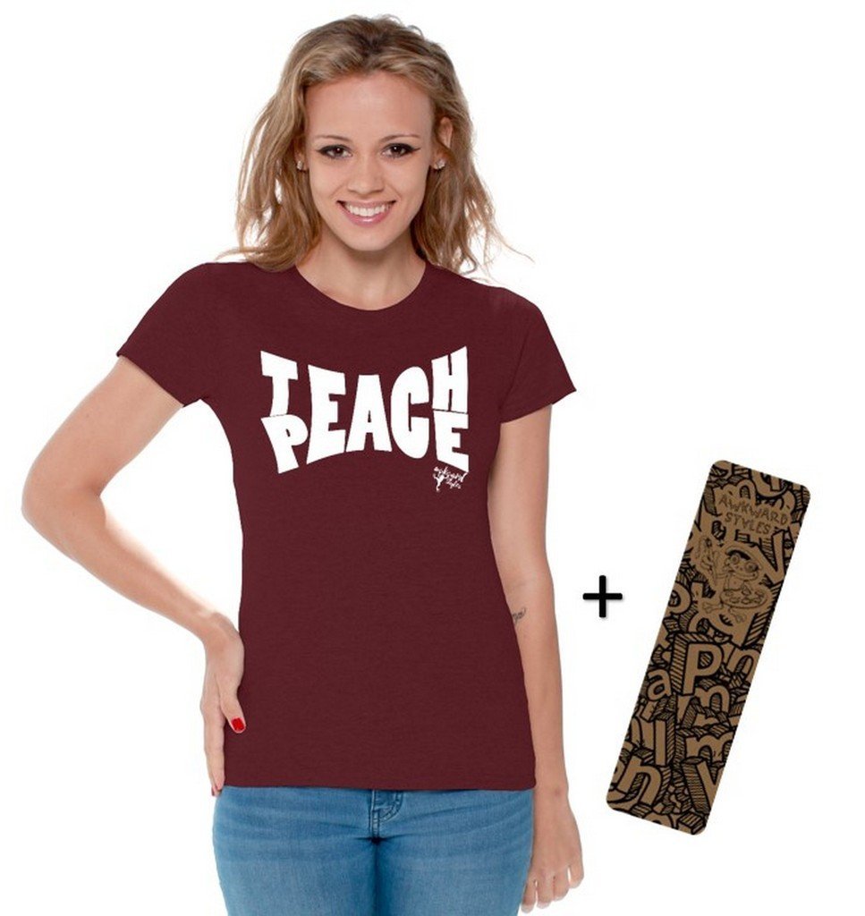 Awkwardstyles Women's Teach Peace Graphic T-Shirt - White Love Shirt with Free Bookmark - Casual Wear for Peace Activists & Teachers