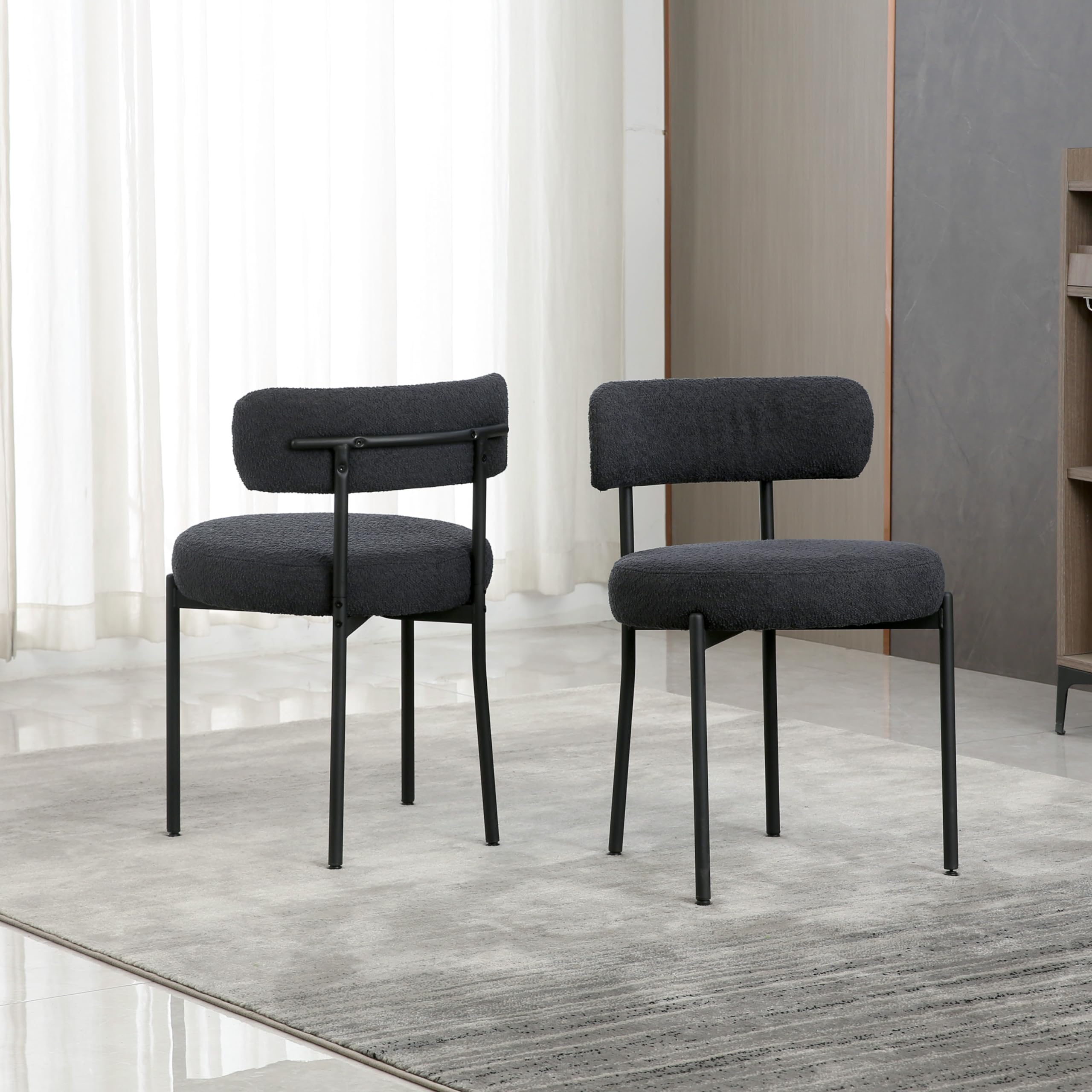 Black Dining Chairs Set of 2 - Round Upholstered Boucle Mid-Century Modern Kitchen Chairs with Curved Backrest & Metal Legs - Perfect for Dining Room, Kitchen Island & Small Space Decor
