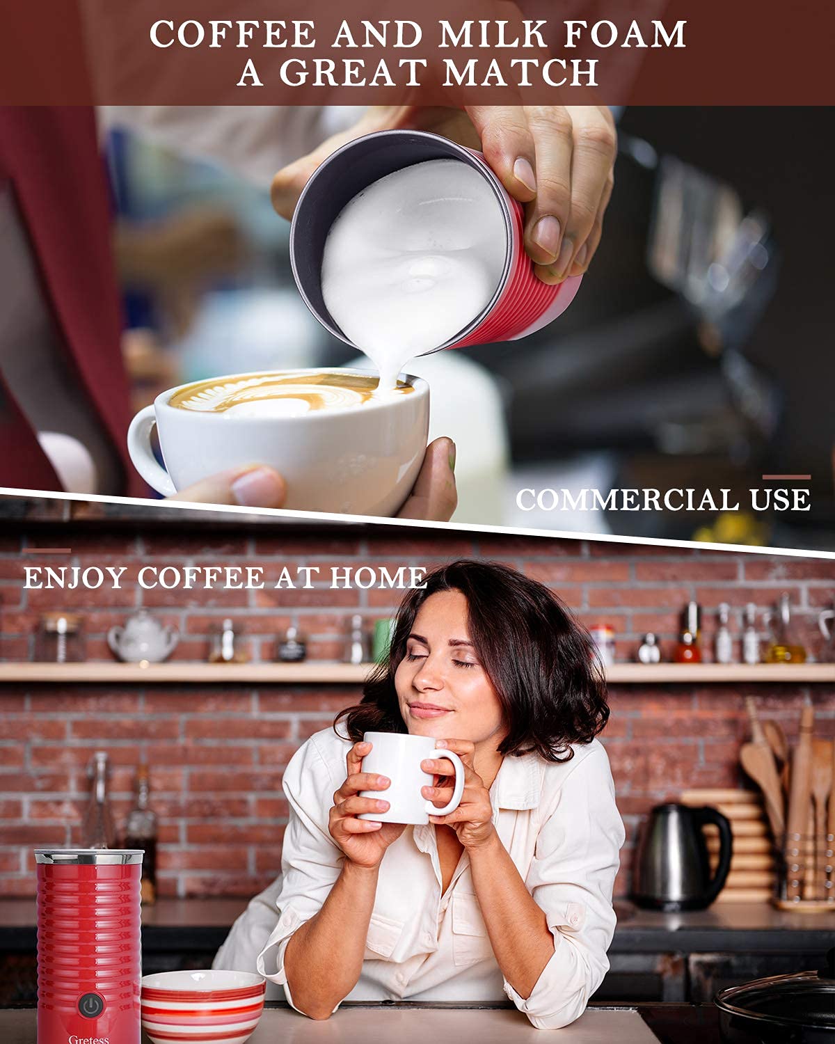 **Gretess 4-in-1 Electric Milk Frother & Steamer for Coffee & Latte - Hot & Cold Froth, Auto Shut-Off, 2 Whisks (Red, JC-A2R) - Perfect for Cappuccinos, Lattes, Hot Chocolate & Matcha Drinks**