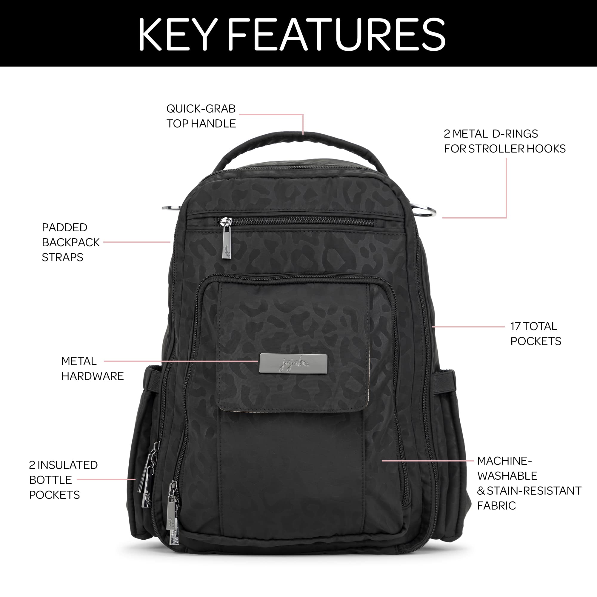 JuJuBe Diaper Backpack for Moms - Large Baby Travel Bag with Portable Changing Pad, Stroller Hooks & Multiple Pockets | Holds Bottles, Diapers, Wipes & Essentials | Perfect for Daycare, Travel & Daily Use - Black