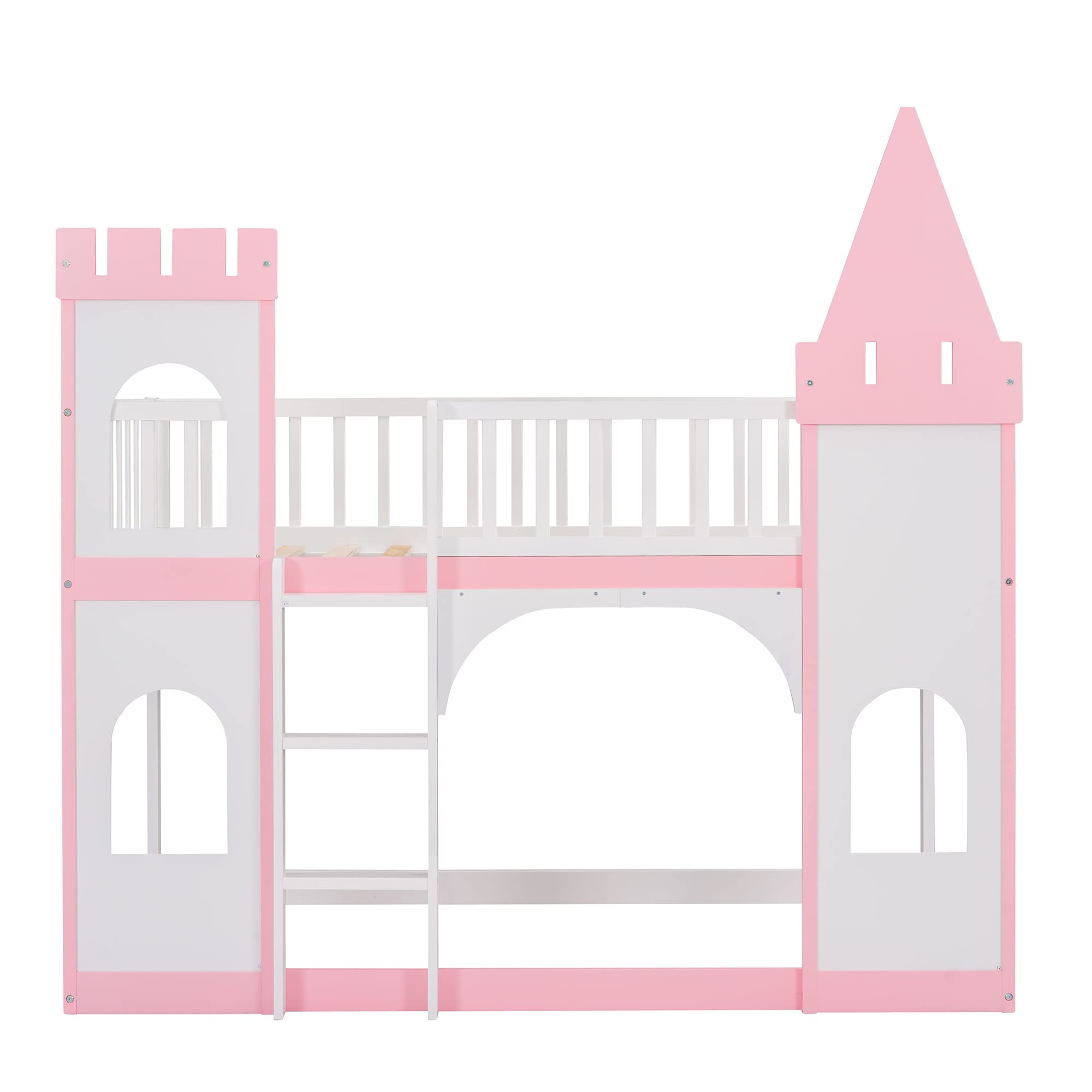 MERITLINE Twin Over Twin Wooden Castle Loft Bunk Bed with Safety Rail & Ladder - Kids Low Bunk Bed Frame for Boys & Girls - Perfect for Bedroom, Dorm, Playroom & Sleepovers (Pink)
