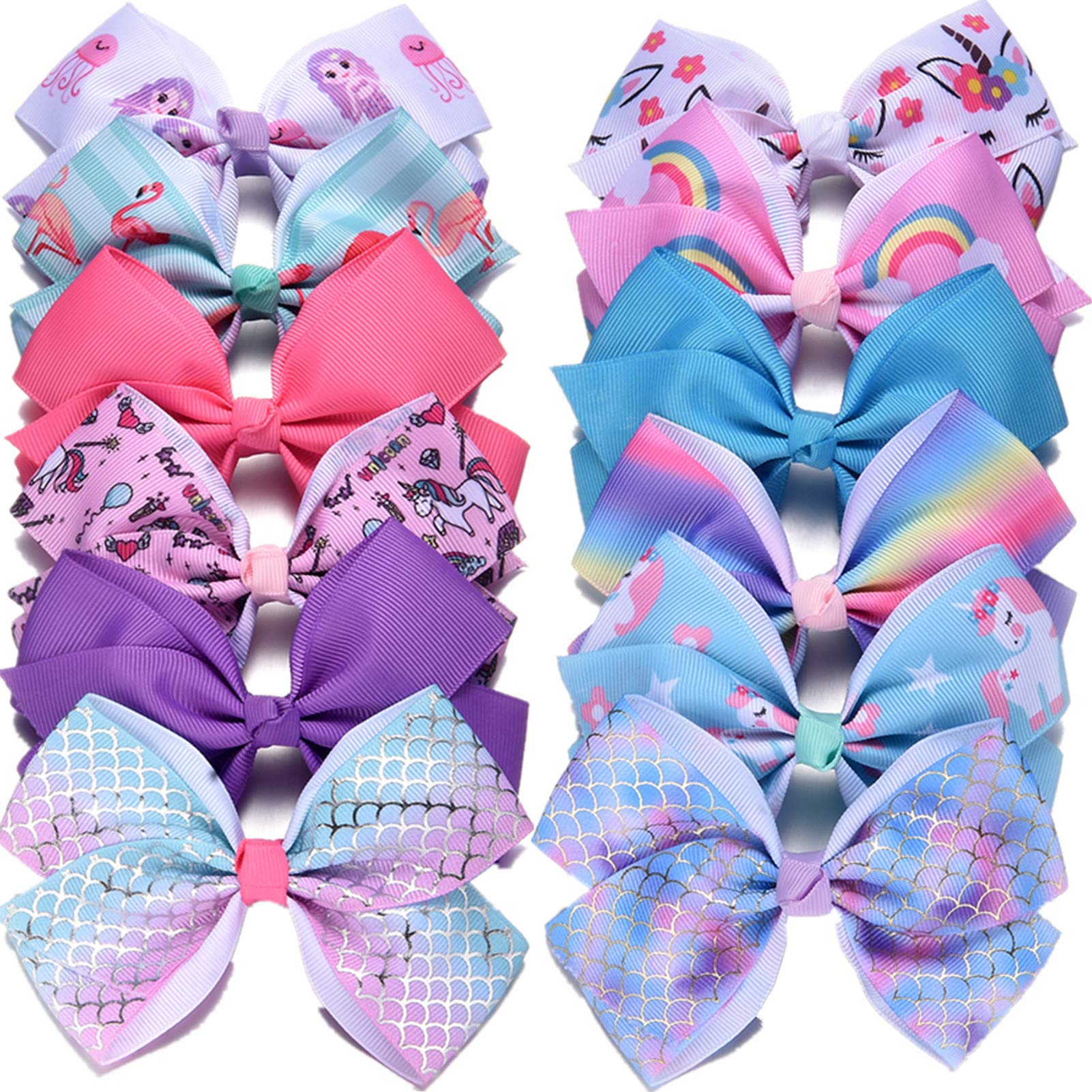 5 Inch Grosgrain Ribbon Hair Bows for Girls - 12 Pack Colorful Hair Clips & Accessories - Perfect for School, Parties, and Everyday Style