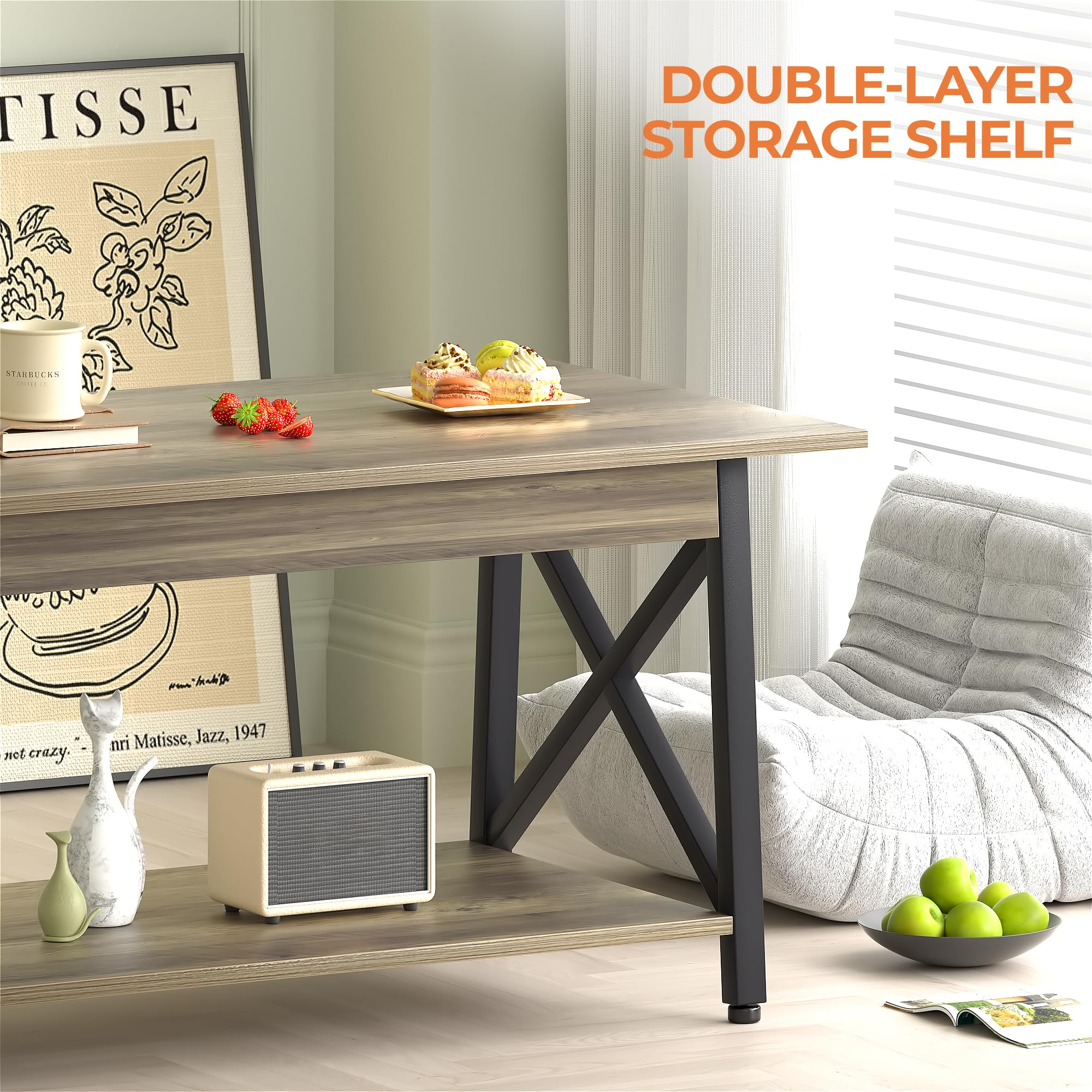 Modern Grey Wash Coffee Table with Storage - X-Frame Design for Small Living Rooms
