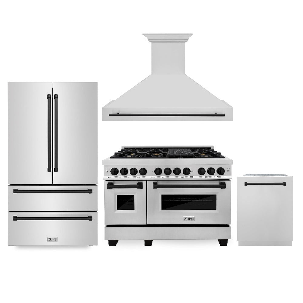 ZLINE Autograph Edition 48-inch Stainless Steel Kitchen Package - Dual Fuel Range, Range Hood, Dishwasher & Refrigerator with Matte Black Accents (4KAPR RARHDWM48 MB) | Premium Appliance Bundle for Modern Kitchens & Luxury Home Renovations