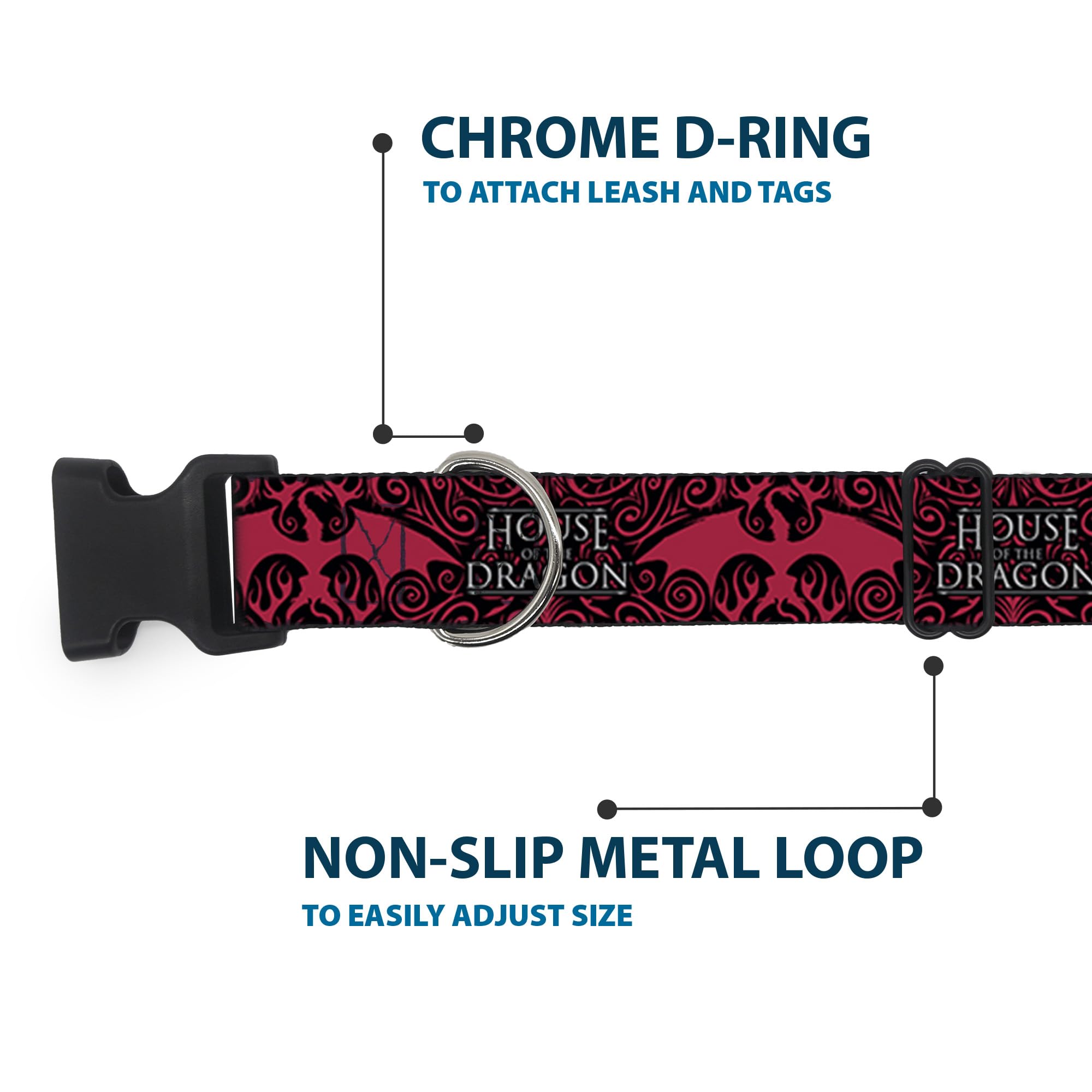 House of The Dragon Dog Collar with Dragon Icon - Black, Red, White for Small to Medium Dogs - Perfect for Cosplay & GOT Fans