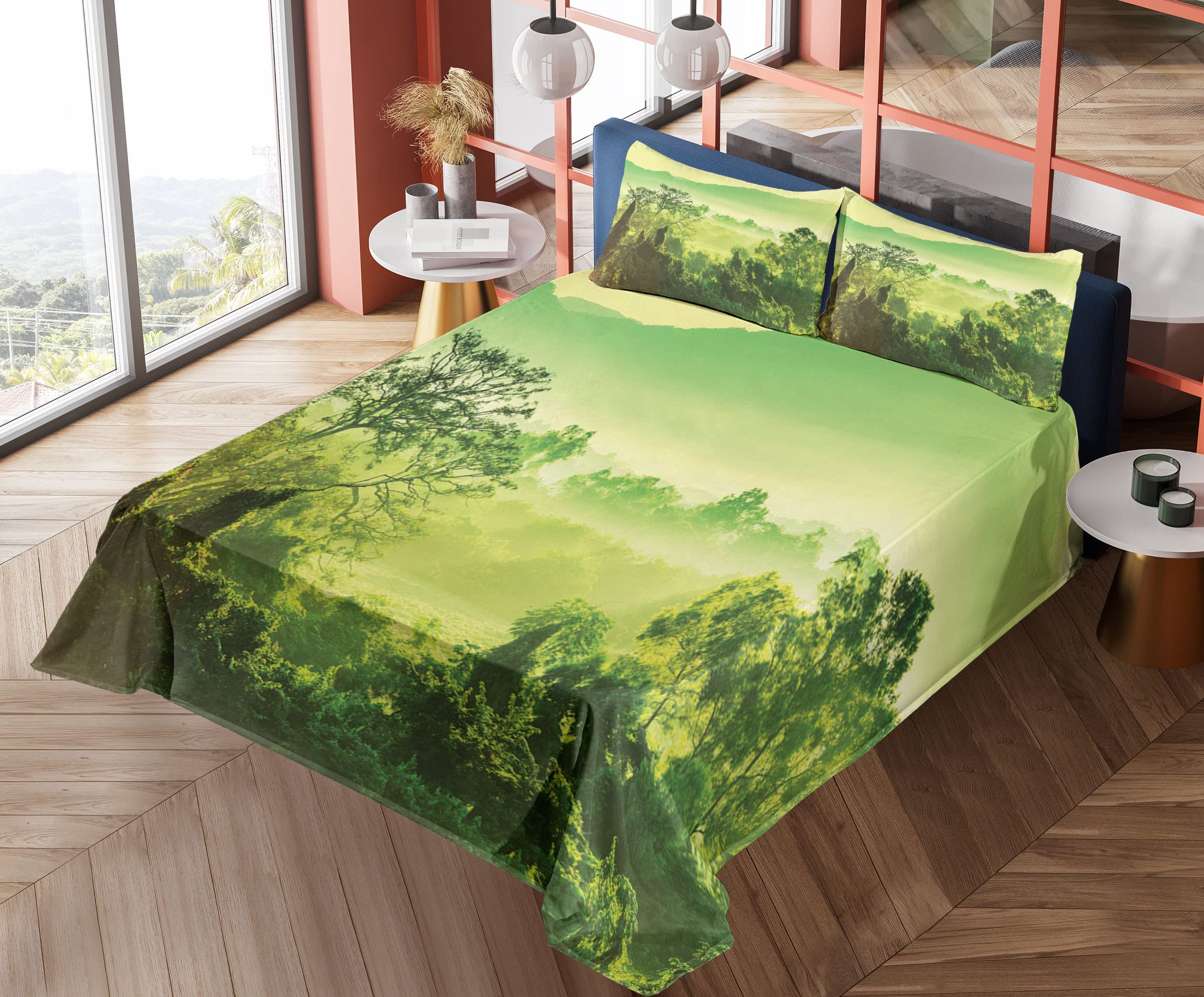Ambesonne King Size 4-Piece Sheet Set - Green Nature Landscape with Mountains & Trees, Fitted & Flat Sheets + Pillowcases - Lime & Yellow Green Bedding for Master Bedroom, Guest Room, or Vacation Home