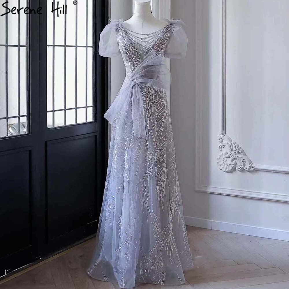 Serene Hill Grey Luxury Puffy Sleeves Evening Dress with Beaded A-Line Design for Women - Perfect for Parties, Galas & Formal Events 2025