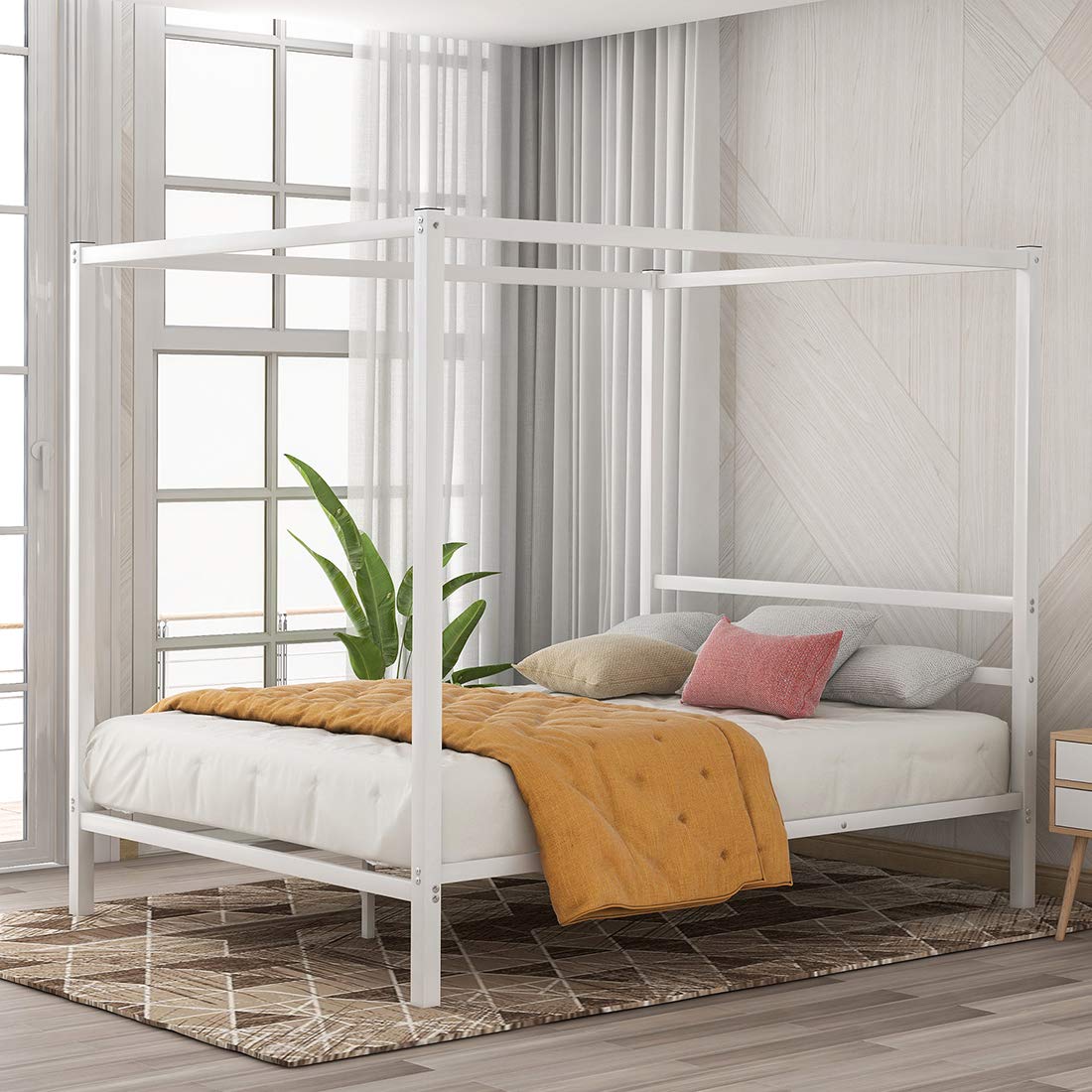 Modern Metal Queen Bed Frame with Built-in Headboard & Canopy Design - No Box Spring Needed - White Platform Bed for Bedroom, Guest Room & Master Suite