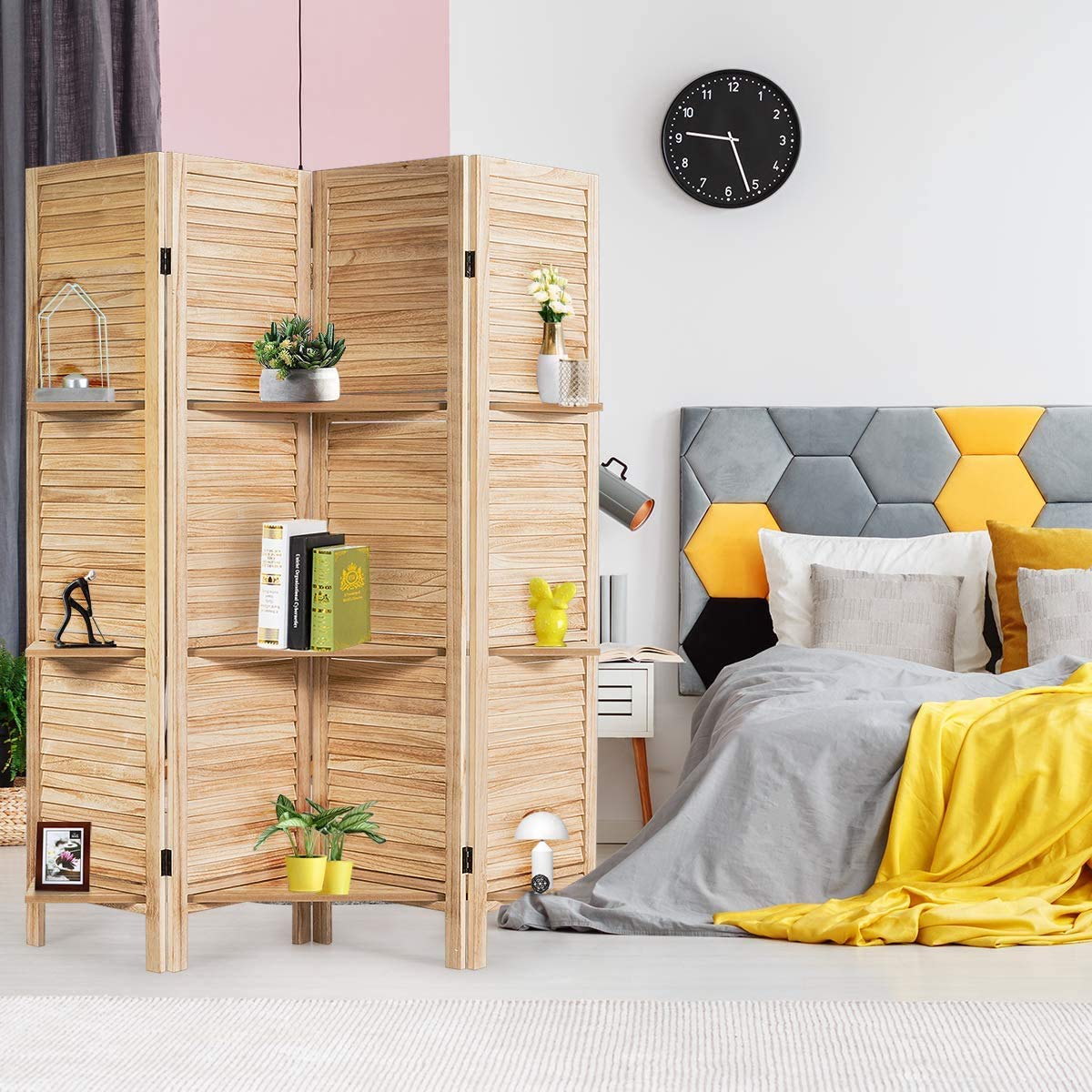 HappyGrill 4 Panel Folding Room Divider with Display Shelf - 5.6 Ft Tall Natural Wood Privacy Screen for Home, Office & Dorm - Perfect for Room Separation, Space Partition & Decorative Storage