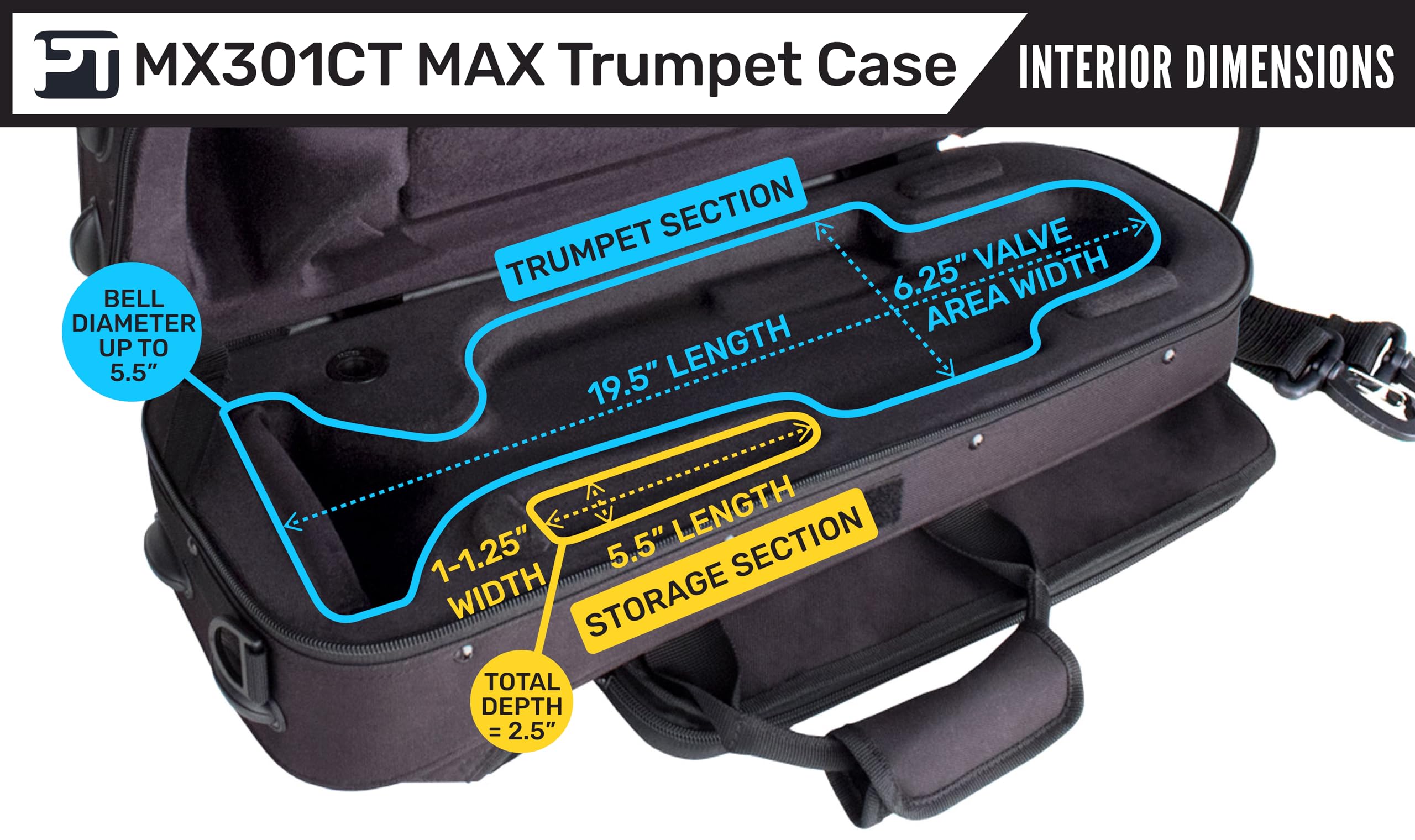 Protec MX301CT Contoured MAX Trumpet Case with Sheet Music Pocket - Durable Black Instrument Storage for Travel & School Band | Fits Most Trumpet Models