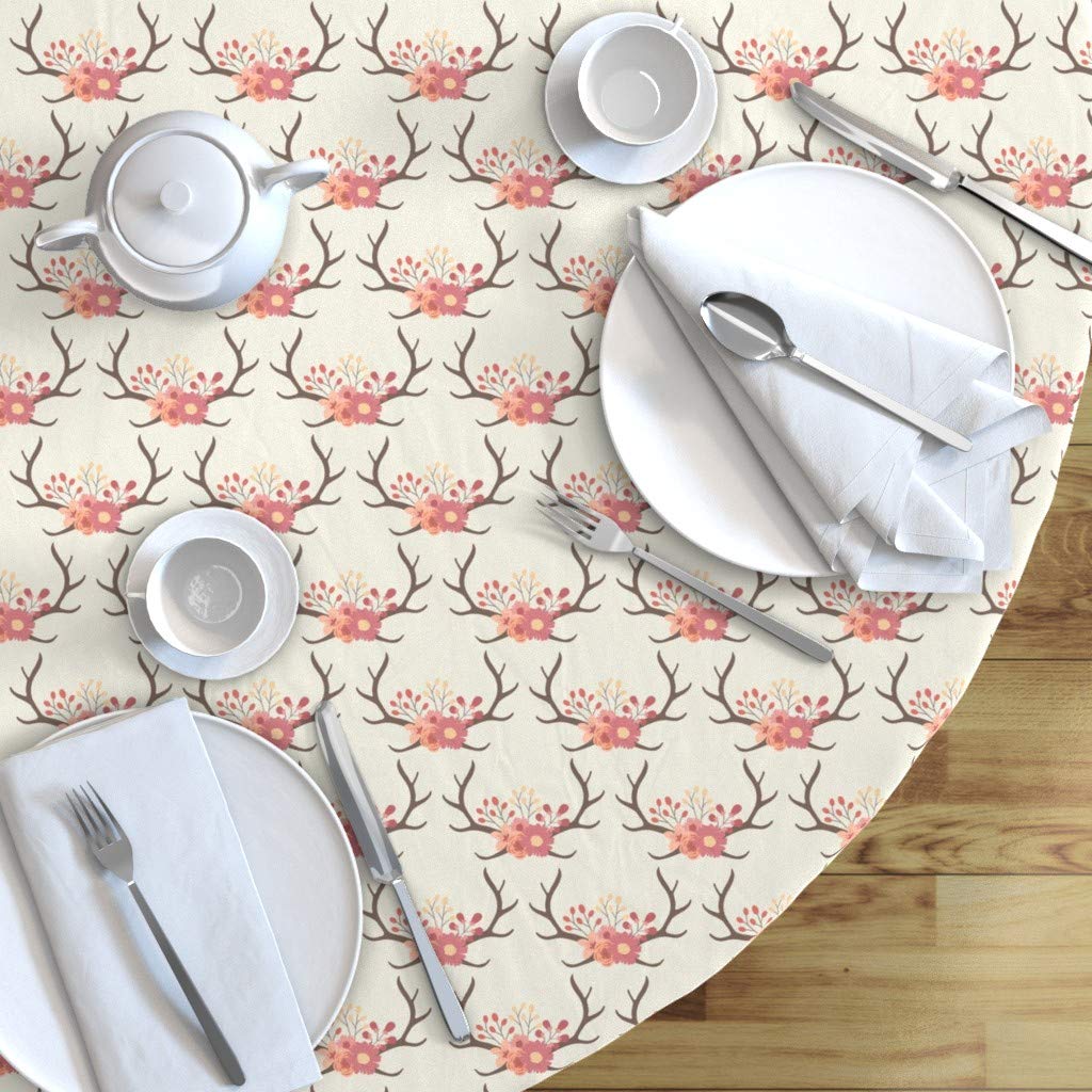 Custom Floral Antlers Cream Boho Modern Cotton Sateen Tablecloth 70
