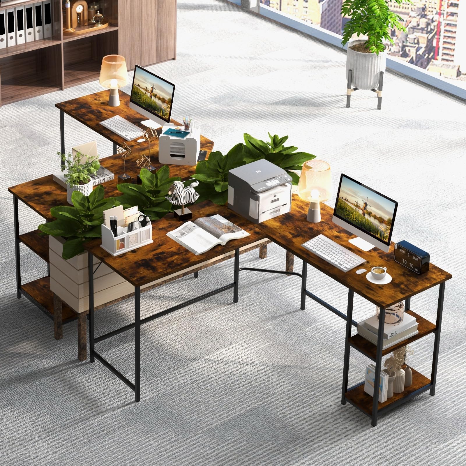 Tangkula L-Shaped Computer Desk with 2 Outlets & 2 USB Ports - Corner Home Office Desk, Study Writing Desk with Carbon Steel Frame, 2-Tier Shelf & Removable Shelf - Rustic Brown - Perfect for Small Spaces, Gaming Setup & Remote Work