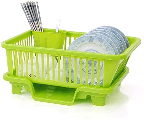**2-Piece Plastic Dish Rack Set with Drain Board & Utensil Cup - Green Plate Holder for Kitchen Countertop | Space-Saving Drying Rack for Pans, Dishes & Cutlery | Ideal for Small Kitchens & Dish Drying Organization**