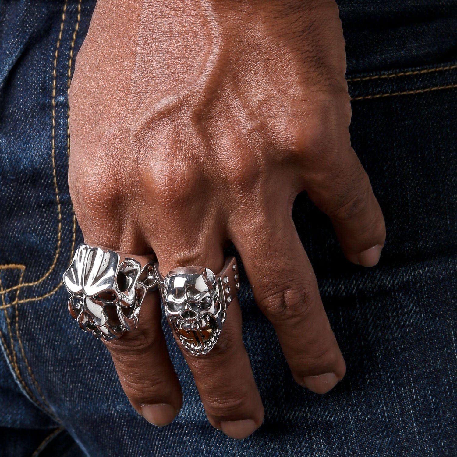 14K Yellow Gold Dollar Sign Sterling Silver Skull Ring for Men - Edgy Hip Hop Jewelry Gift for Rappers, Bikers & Rock Fans - Perfect for Concerts, Parties & Streetwear Fashion