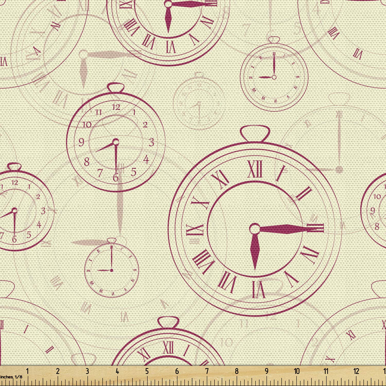 Ambesonne Vintage Watches Roman Numerals Clock Fabric by The Yard - Antique Time Machine Pattern Upholstery Material for Sofa, Curtains & Home Decor (2 Yards, Pale Yellow Magenta) - Perfect for DIY Crafts, Quilting & Vintage-Themed Room Decor