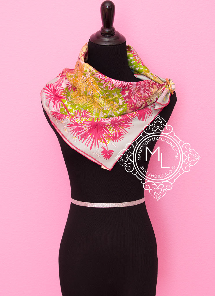 Hermes Green Pink Twill Silk 90cm Scarf - Jardin à Sintra Design - Luxury Fashion Accessory for Women, Perfect for Gifts, Parties and Elegant Outfits