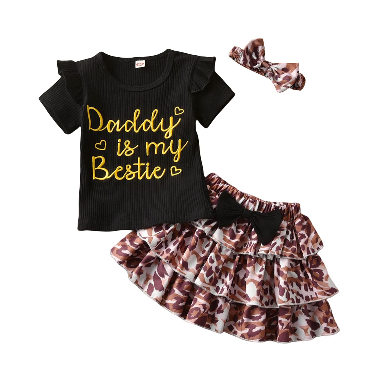**Adorable 3-Piece Floral Toddler Girl Outfit Set - Ruffle Sleeve Top & Skirt Dress with Headband (Black, 2-3 Years) - Perfect for Summer Playdates, Birthday Parties & Family Photos**