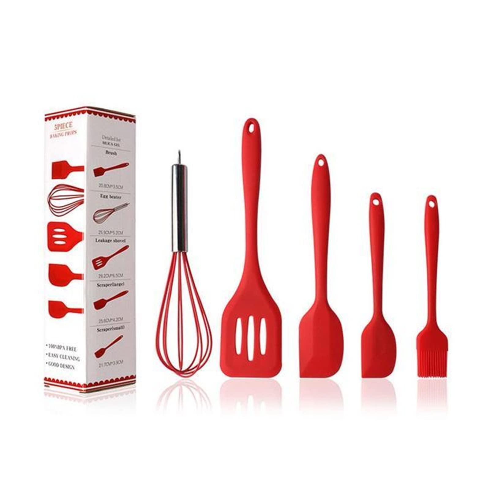 Heat Resistant Silicone Non-Stick Cooking Utensil Set - 5 Piece Red Kitchen Tools for Baking, Flipping & Stirring - Safe for Nonstick Pans & Perfect for Cookies, Pancakes & Omelets