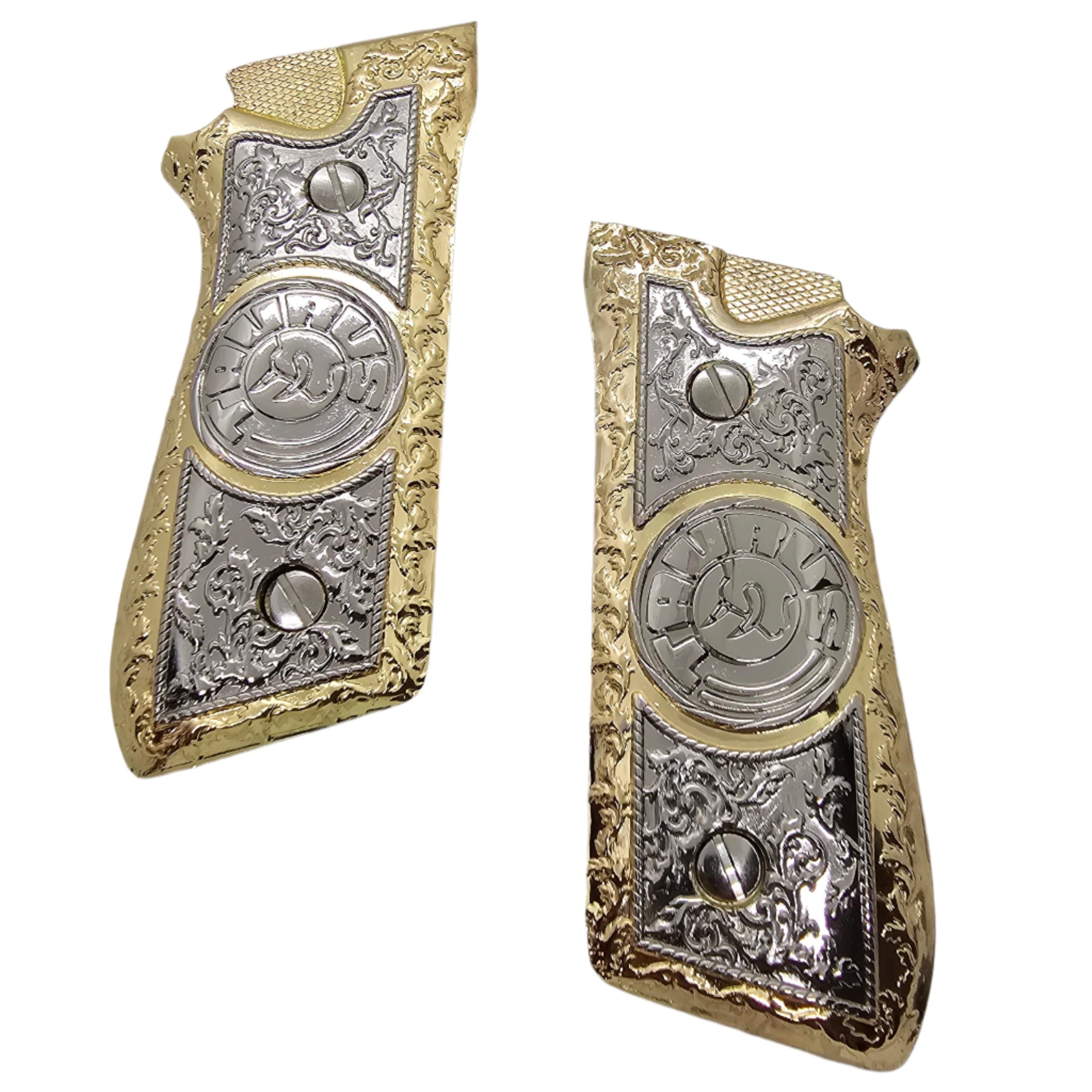 Custom Taurus Grips for PT-99, PT-92, PT-100 & PT-101 Pistols - Premium Metal Grips with Nickel Gold PT Screws - Perfect for Shooting Range, Concealed Carry & Gun Collectors