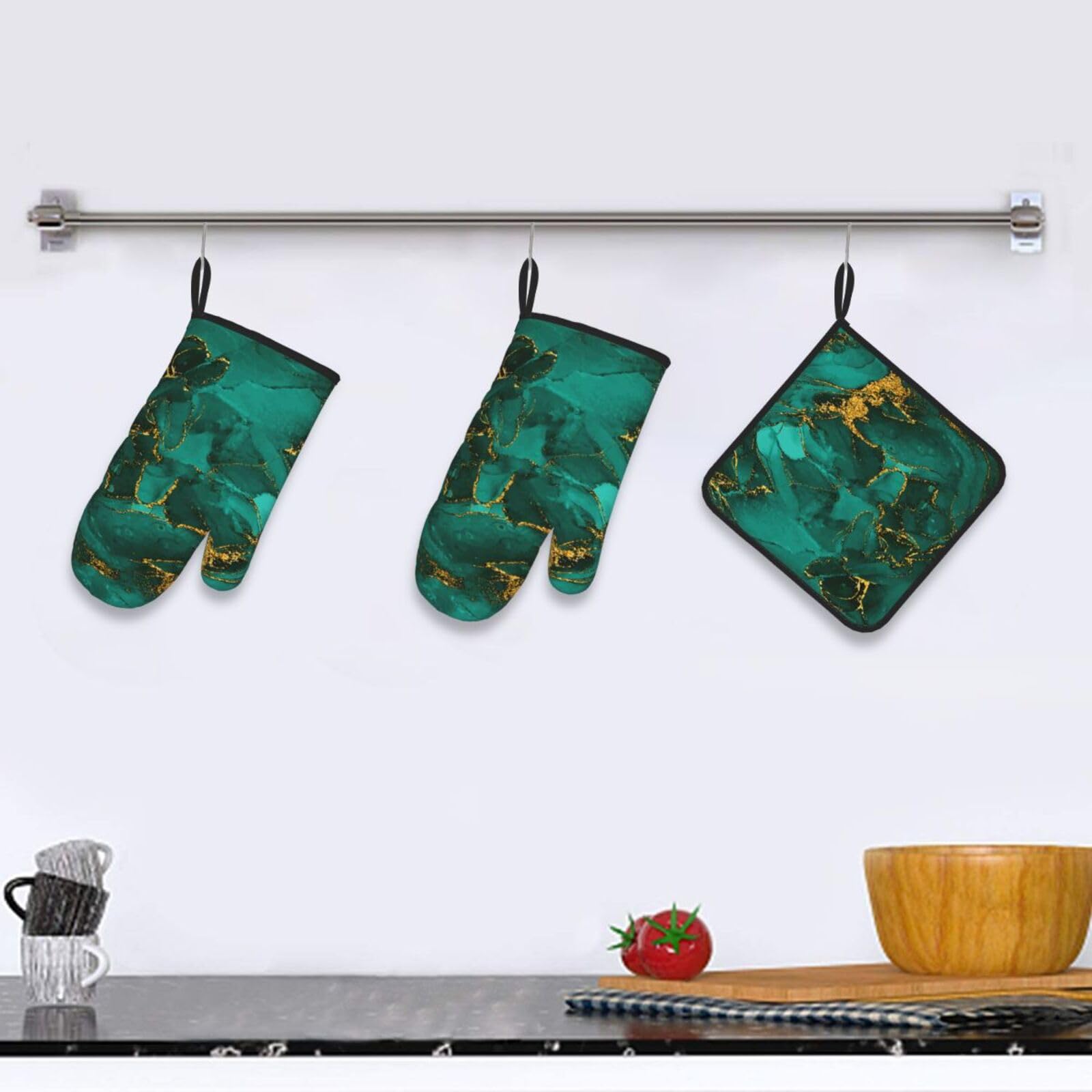 Turquoise Marble Oven Mitts & Pot Holders Set of 3 - Heat Resistant, Non-Slip, Washable Kitchen Accessories for Cooking, Baking, Grilling & BBQ - Perfect for Home Kitchen Decor & Gift Giving