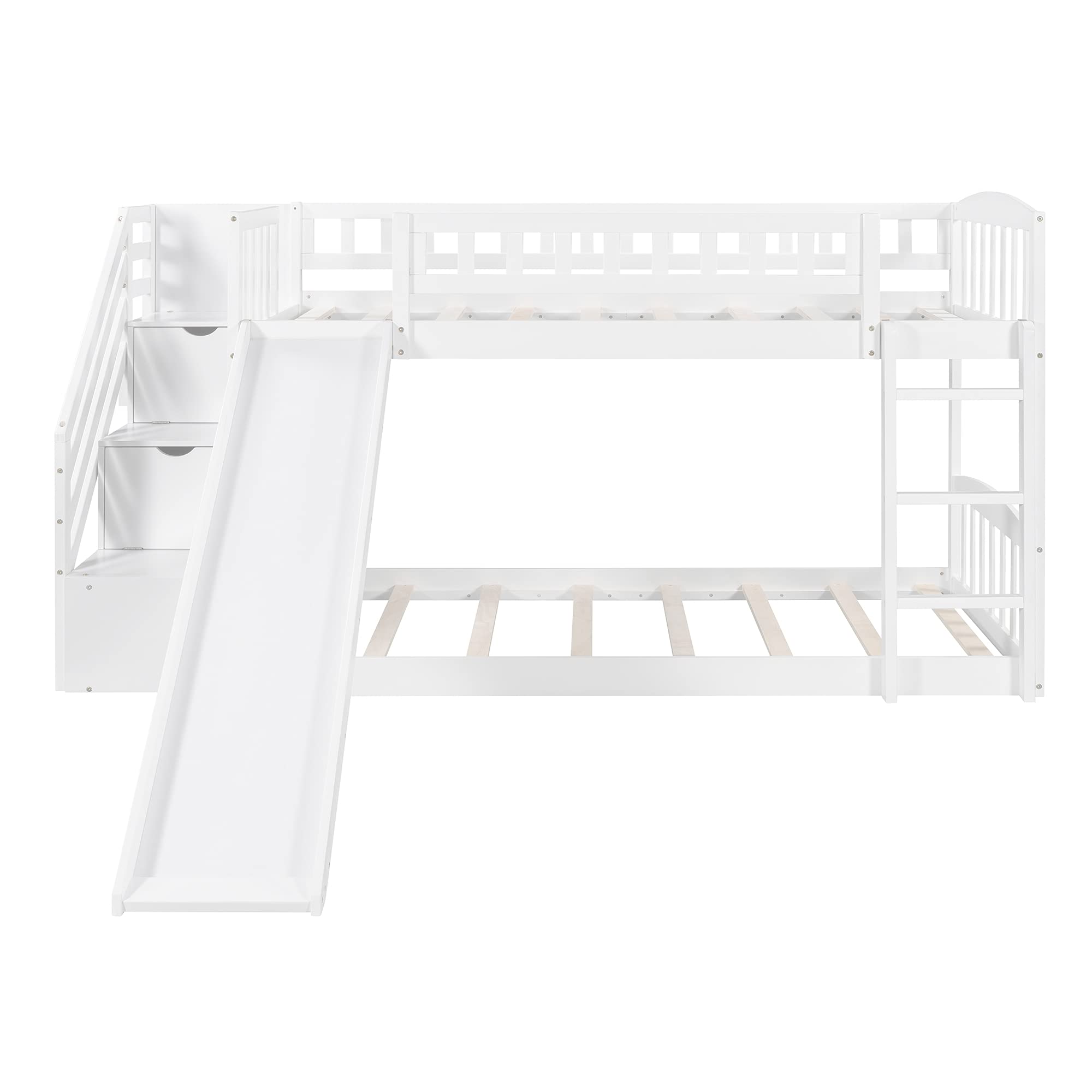 Kids Twin Over Twin Low Bunk Bed with Slide, Ladder & 2 Drawers - Solid Wood Floor Bunk Bed for Boys & Girls - Perfect for Small Bedrooms, Shared Kids Rooms & Space-Saving Sleep Solutions