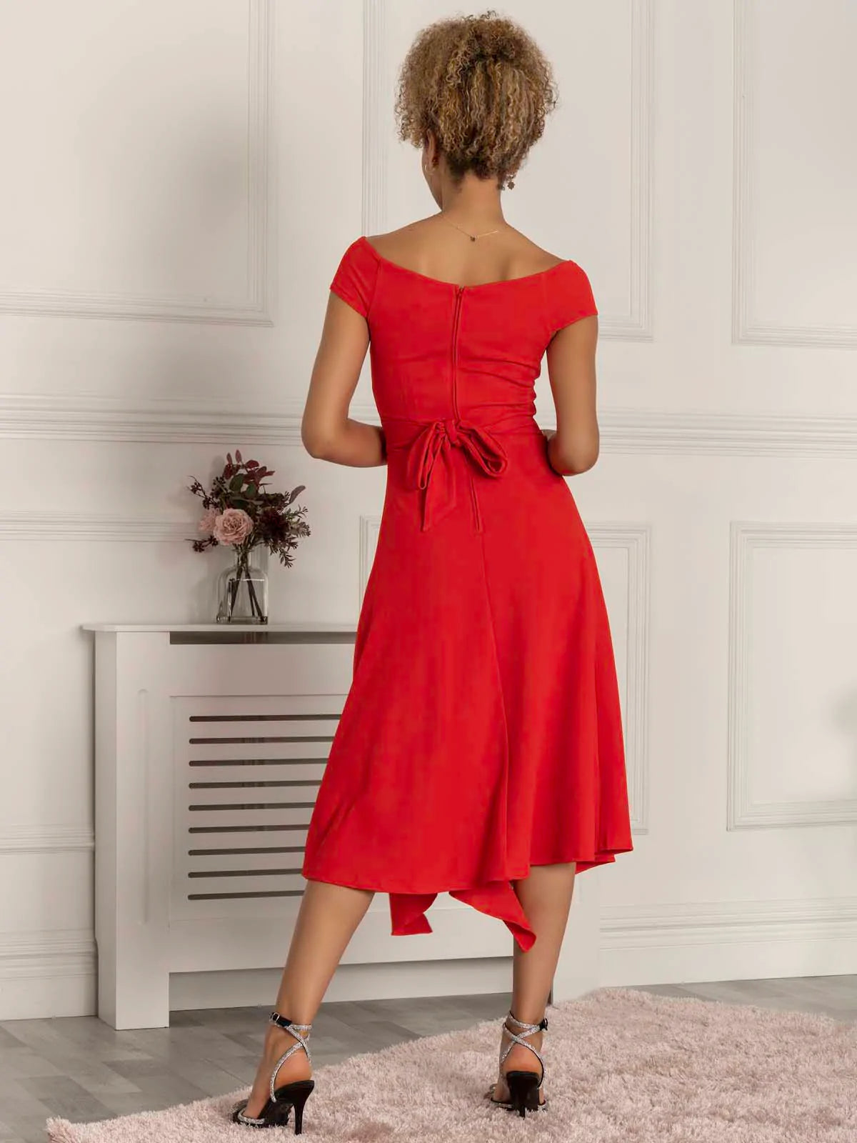 DESIREE Women's Floral Fit & Flare Dress - Scarlet Red, Elegant Ruffled Hem, A-Line Summer Dress for Parties, Dates & Special Occasions