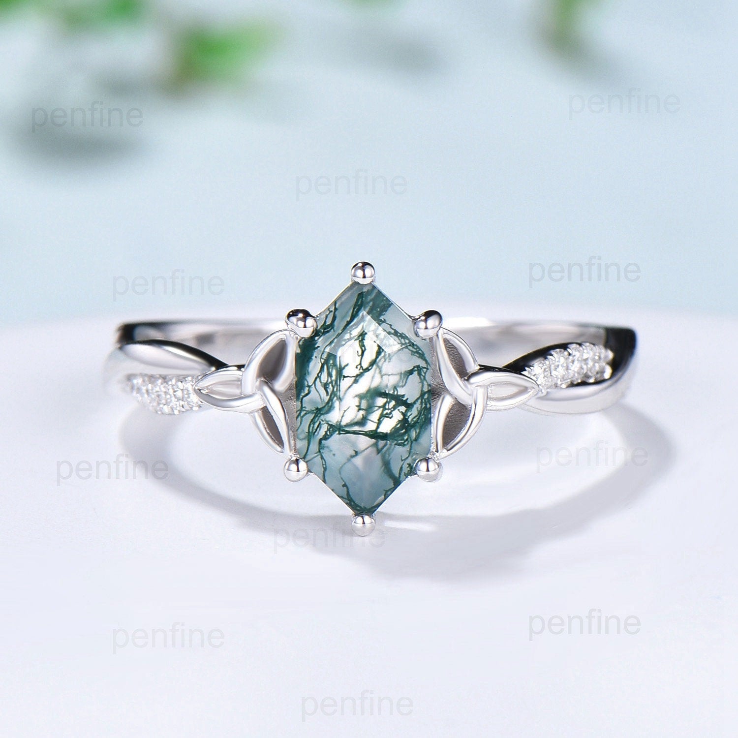 Rose Gold Norse Viking Long Hexagon Moss Agate Engagement Ring - 3/4 Eternity Twisted Infinity Moissanite/Diamond Wedding Band for Women - Perfect for Norse-Themed Weddings, Viking Lovers & Unique Bridal Jewelry