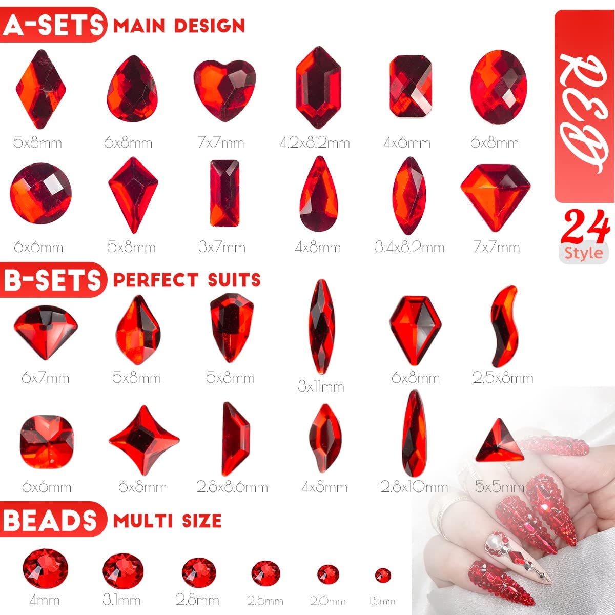 24 Styles Multi-Shape Ruby Red Rhinestones - Big Gems Nail Charms, Siam Round Beads, K9 Glass Stones for Nail Art, Face & Eye Makeup, DIY Crafts - Perfect for Bridal, Party & Festival Decorations