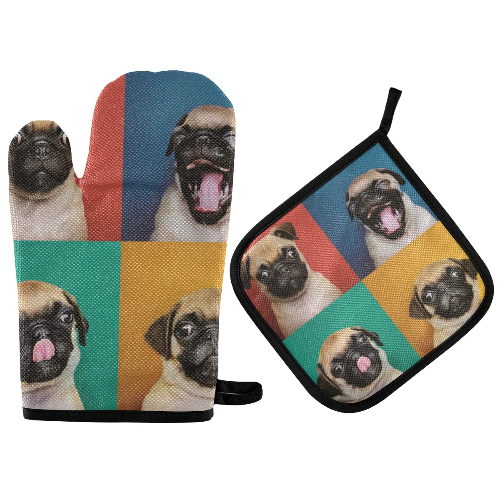 Non-Slip Oven Mitts and Pot Holders Set - Heat Resistant Kitchen Gloves for Cooking, Baking, Grilling - Cute Pug Dog Design for Home & Restaurant Use