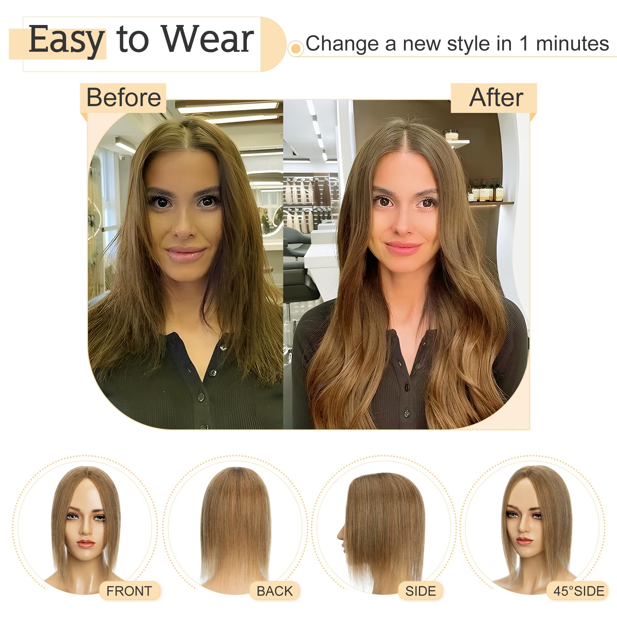 SEGO 100% Real Human Hair Toppers for Women with Thinning Hair - 7x13cm Silk Base Clip-in Top Wiglet, 18 Inch No Bangs Light Brown - Perfect for Daily Wear, Parties & Special Occasions