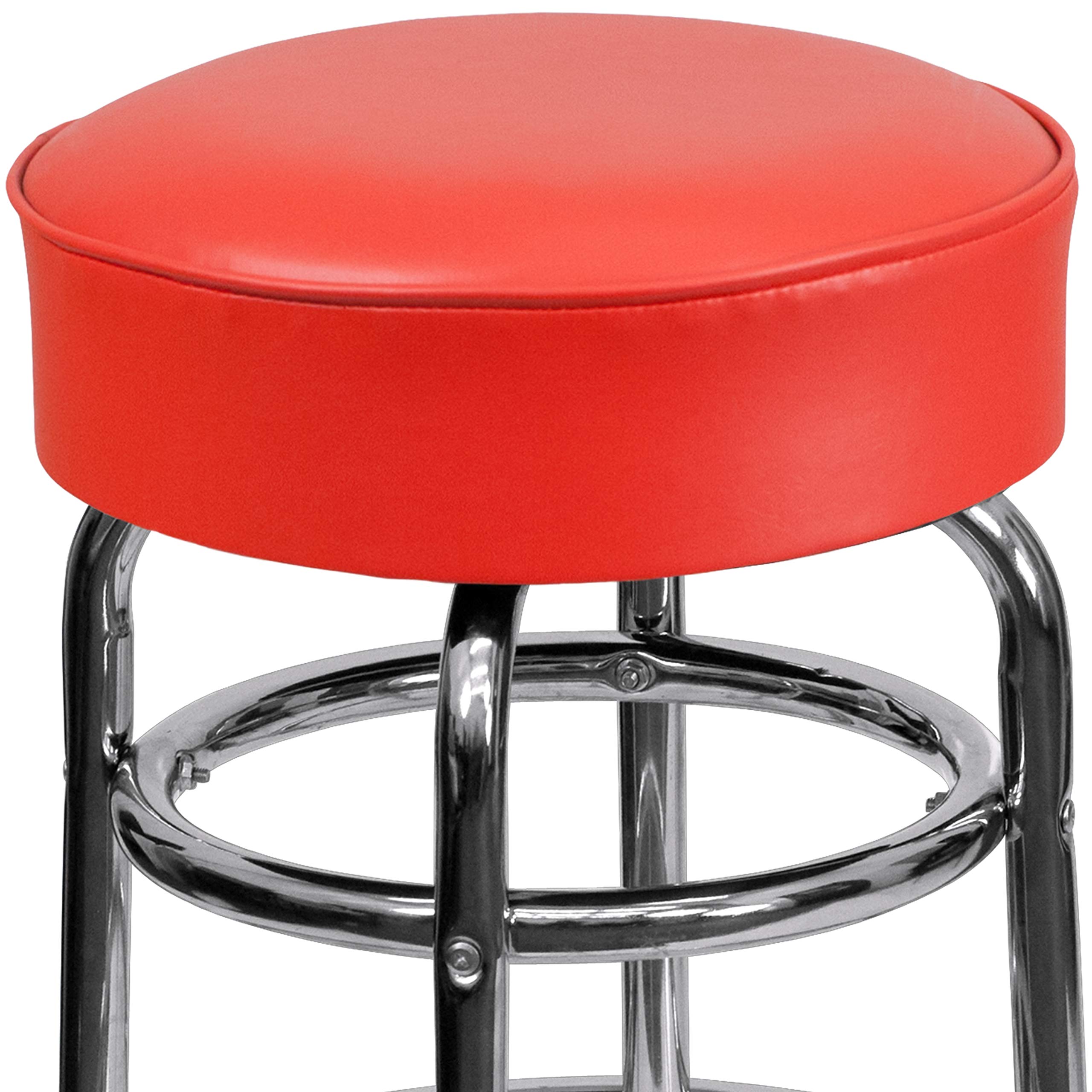 Chrome Bar Stool with Double Ring Design and Red Cushion Seat - Perfect for Kitchen Islands, Breakfast Bars, and Modern Dining Areas