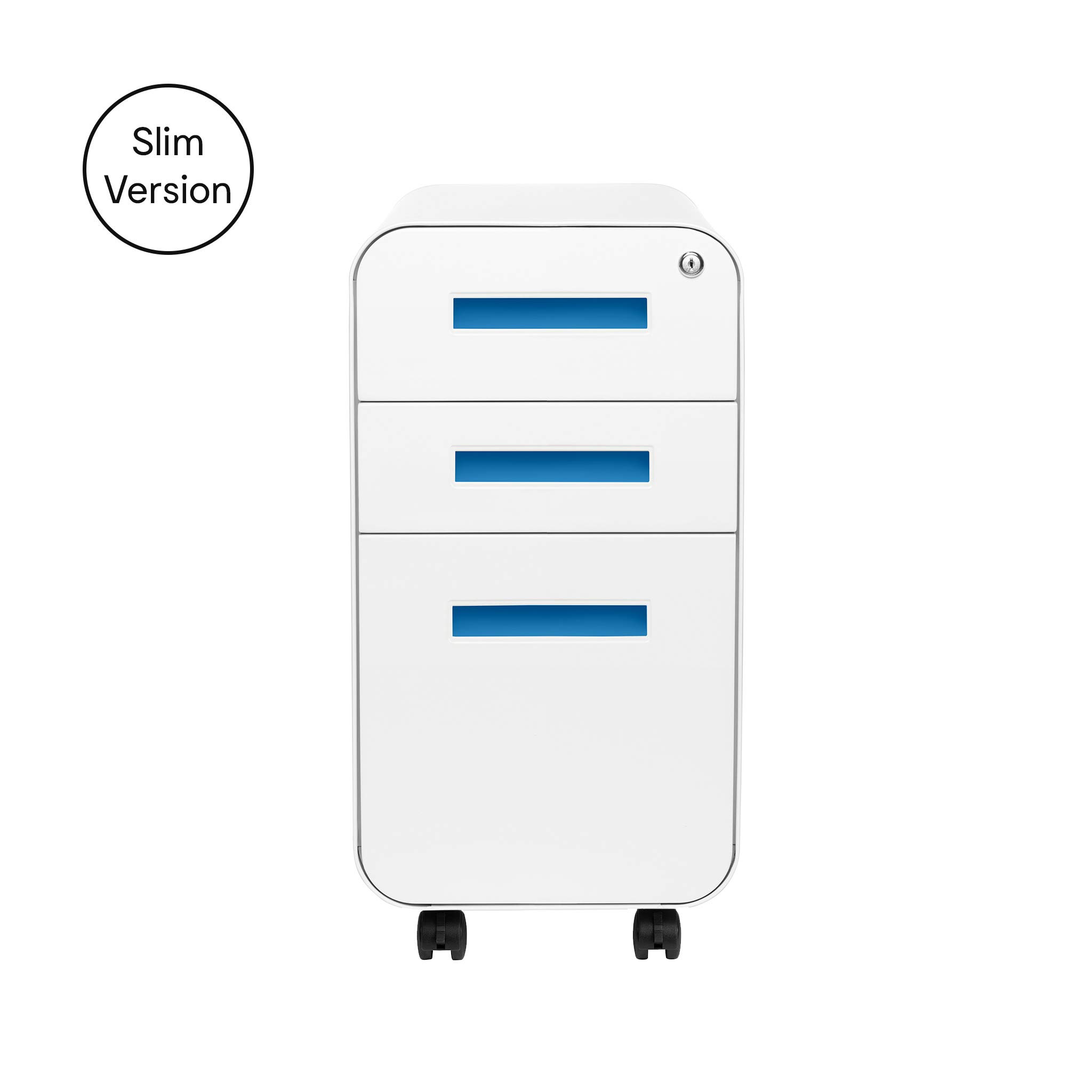Laura Davidson 3-Drawer Mobile File Cabinet with Lock - Under Desk Metal Filing Cabinet for Legal/Letter Folders, Wheels & Stationary Feet, Pre-Assembled in White/Blue - Perfect for Home Office & Workspace Organization