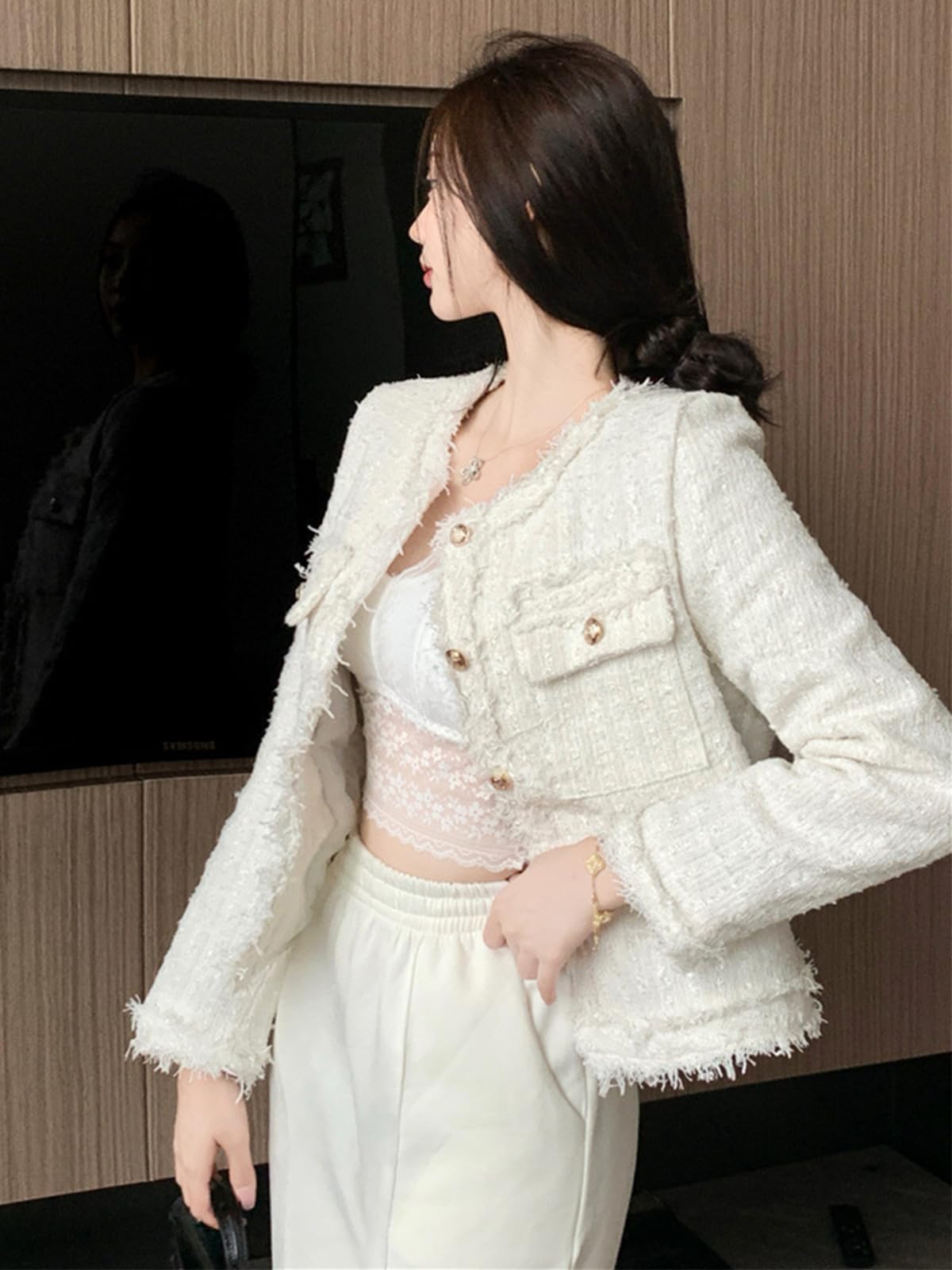 Elegant Women's Plaid Tweed Blazer - Long Sleeve Cropped Jacket for Office Work | Open Front Design, Professional Business Attire, Perfect for Meetings, Interviews and Corporate Events