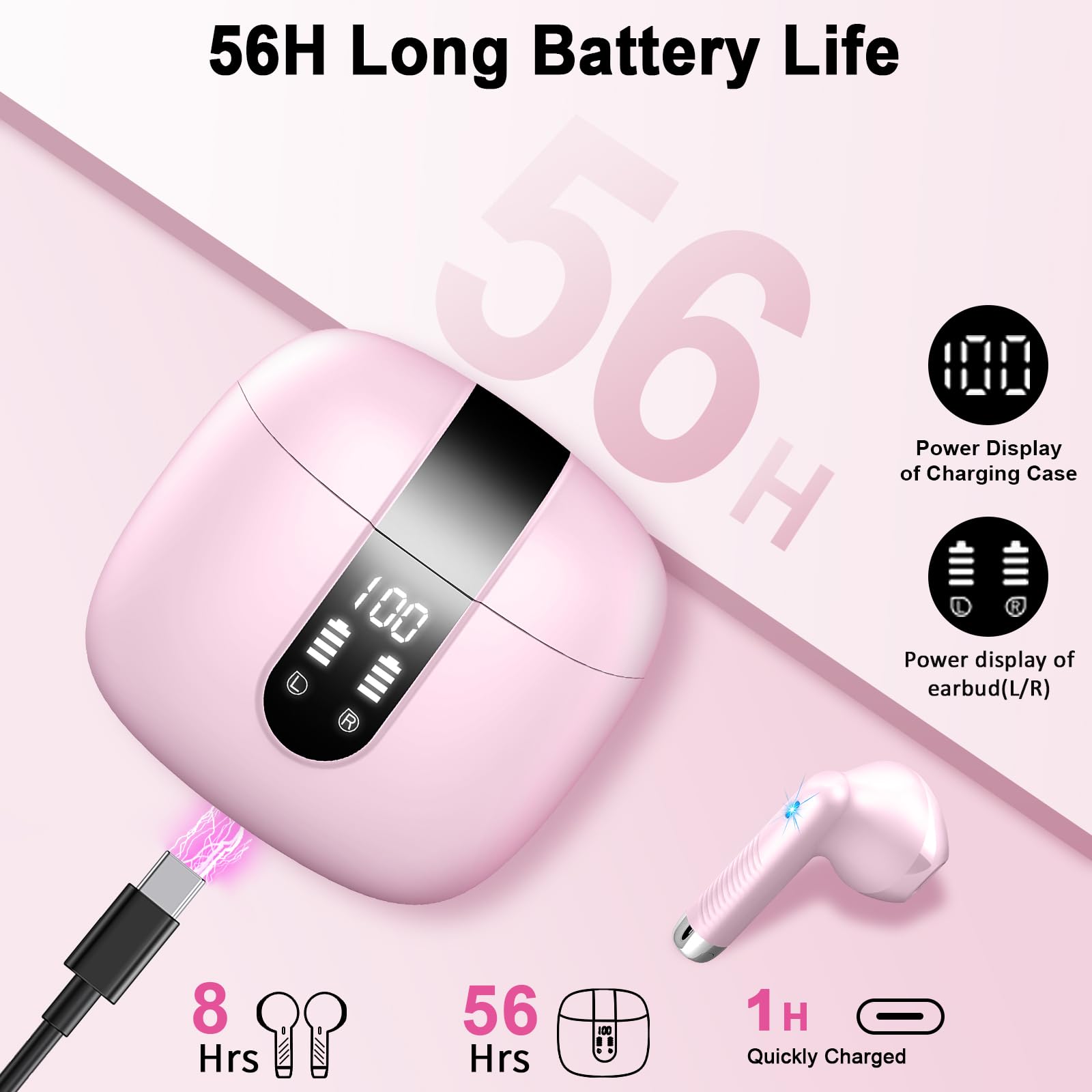 2024 Wireless Bluetooth 5.3 Earbuds with 4 ENC Noise Cancelling Mic, IPX7 Waterproof, 48H Playtime, USB-C Charging - Perfect for Gym Workouts, Running, Office Calls & Commuting