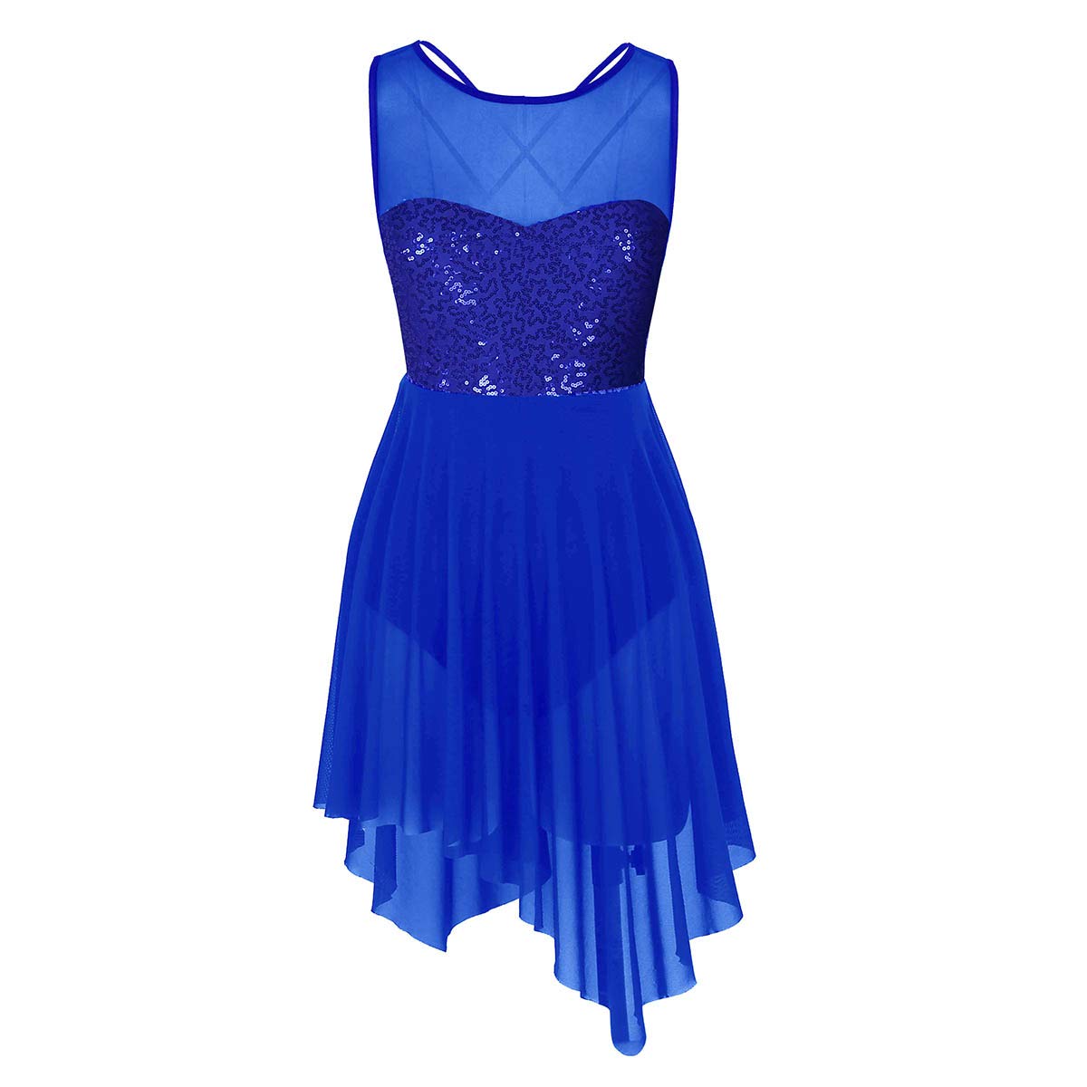 Women's Lyrical Dance Costume - Illusion Sweetheart Neckline with Sequins & Triangular Cut Skirt | Perfect for Ballet, Contemporary Dance & Stage Performances